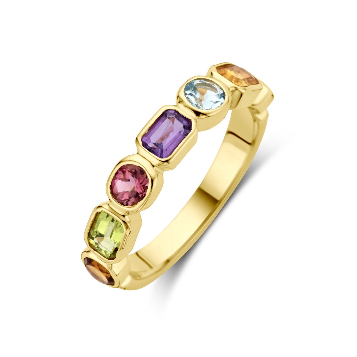 Anillo dorado de 14k con amatista, topacio, citrino y peridoto en forma rectangular.