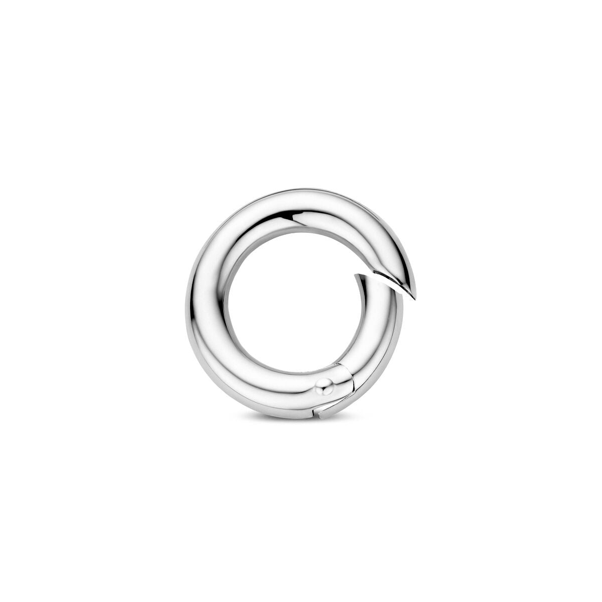Conector de plata 925 rodiada en forma circular con un diseño liso y brillante.