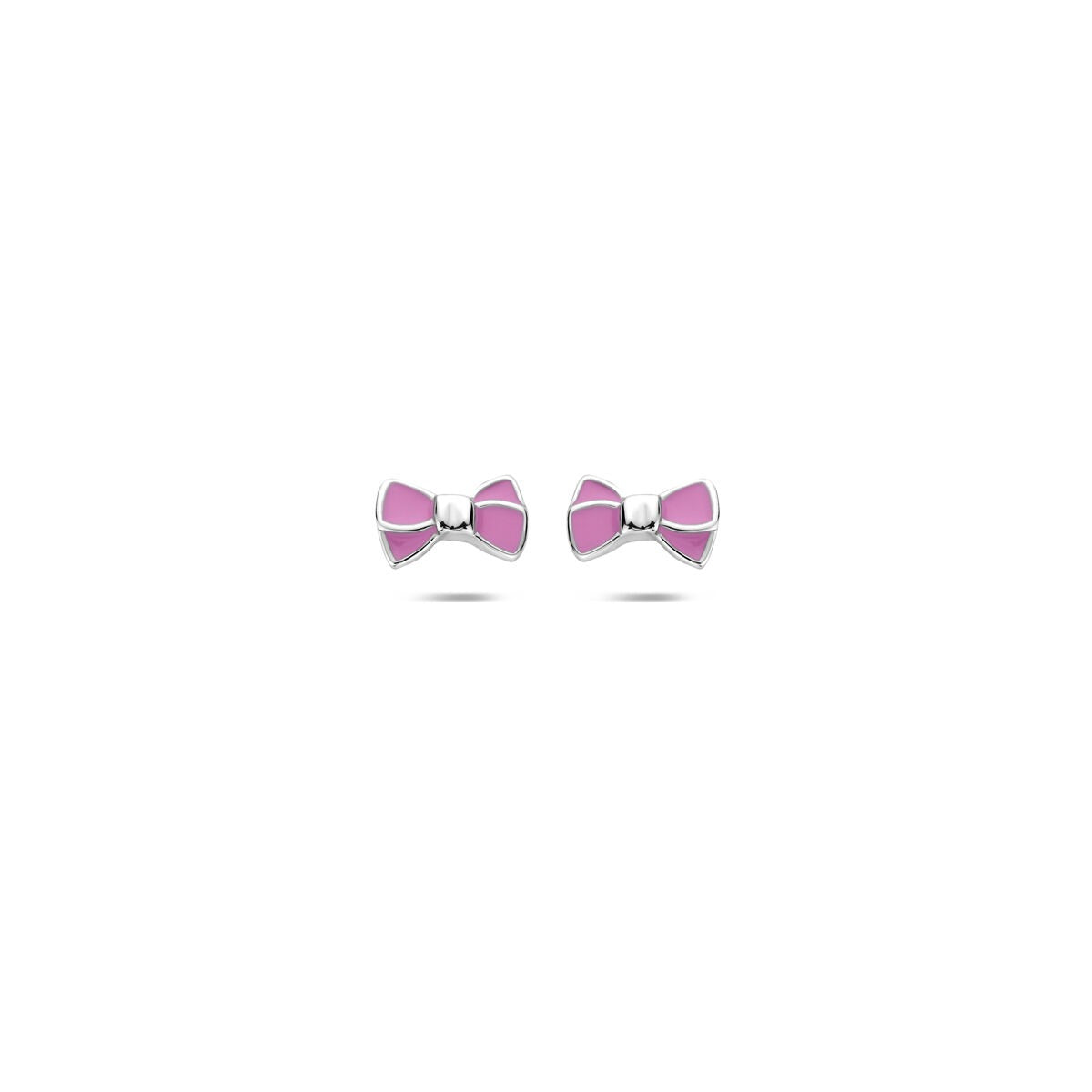 Pendientes de primera puesta de plata rodiada con forma de lazo y detalles en color rosa.