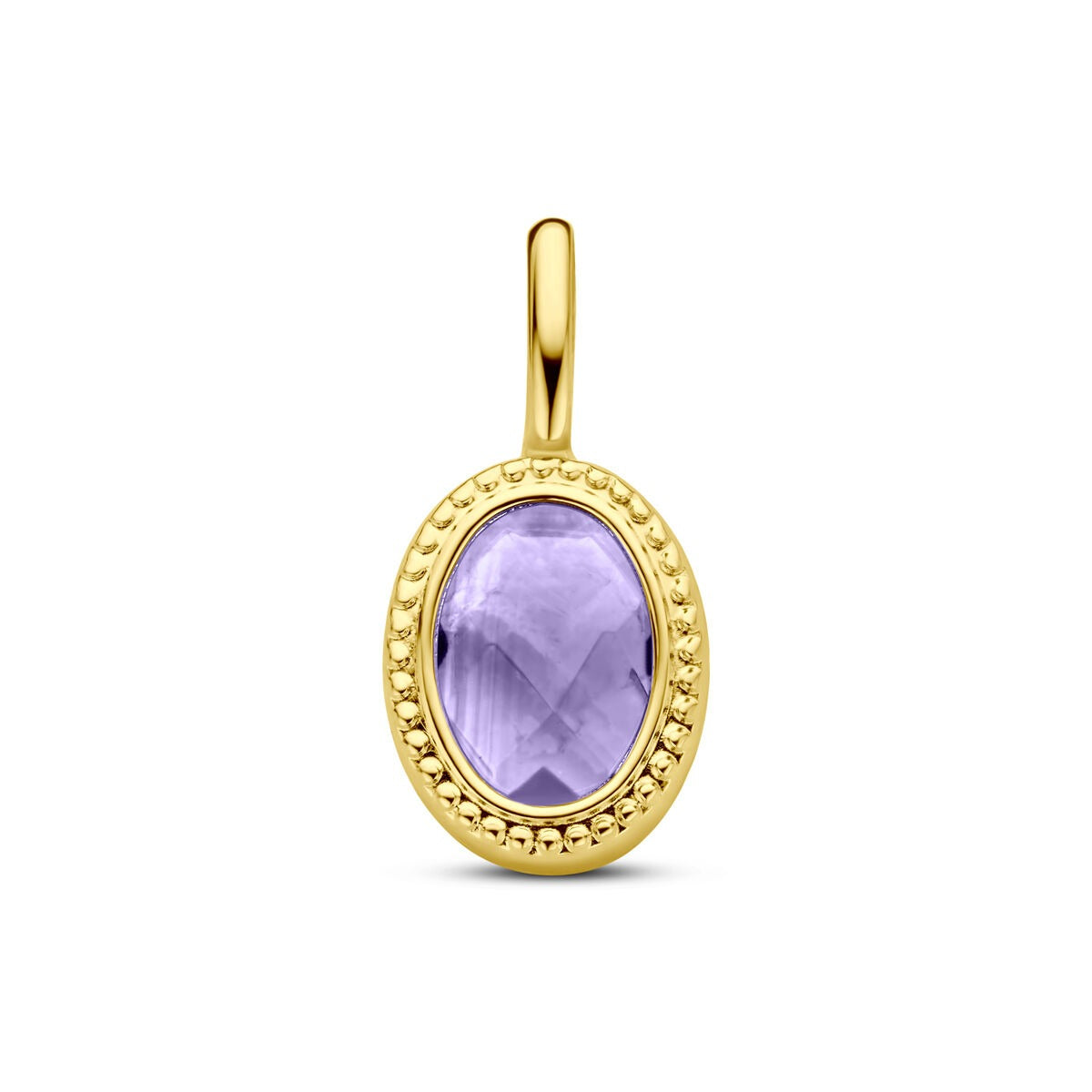 Colgante de oro amarillo de 14k con amatista en una configuración ovalada.