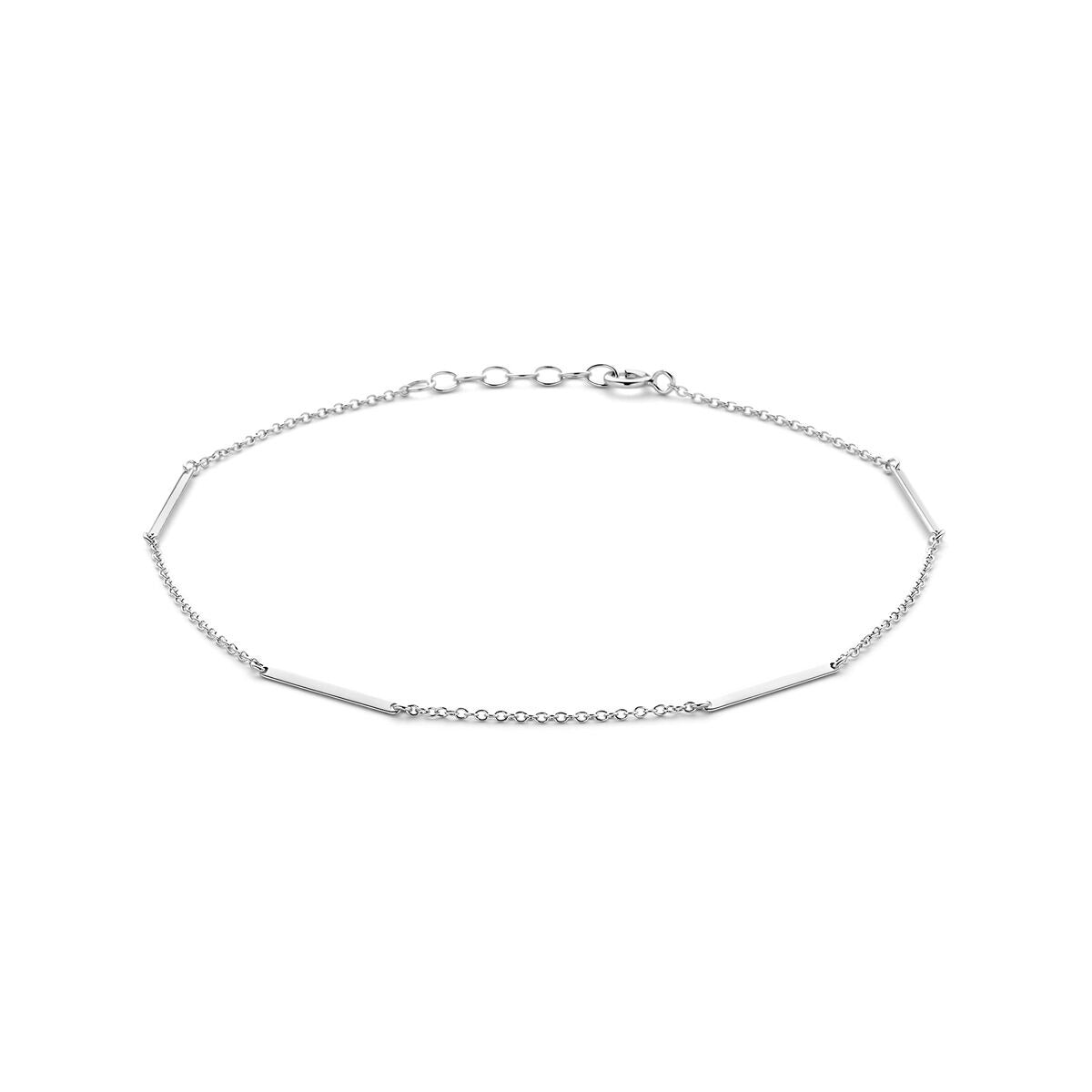 Anklet de plata rodiada con placas en forma de barra, longitud de 24 a 26 cm.