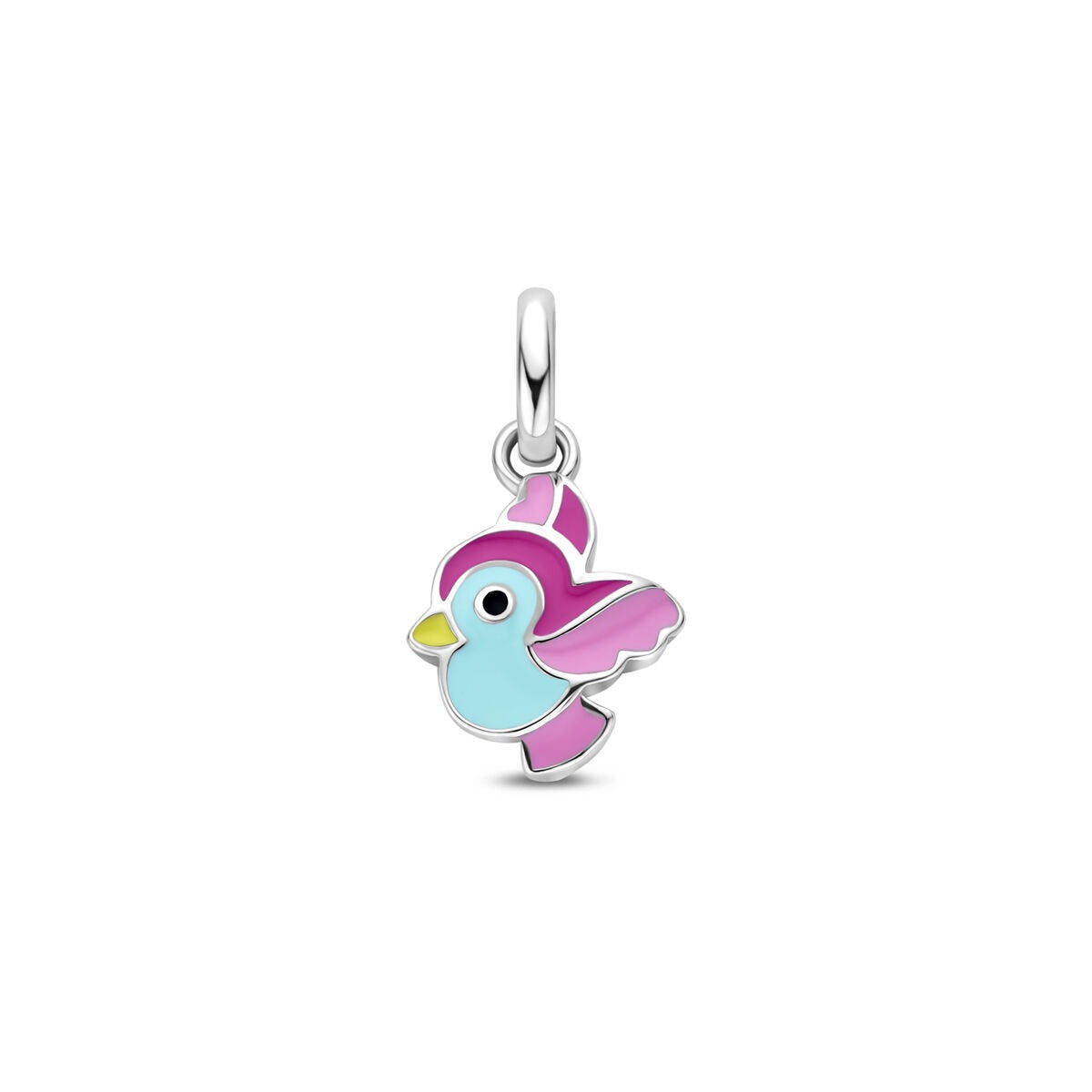 Colgante infantil de plata con forma de pájaro, acabado en rosa y azul.