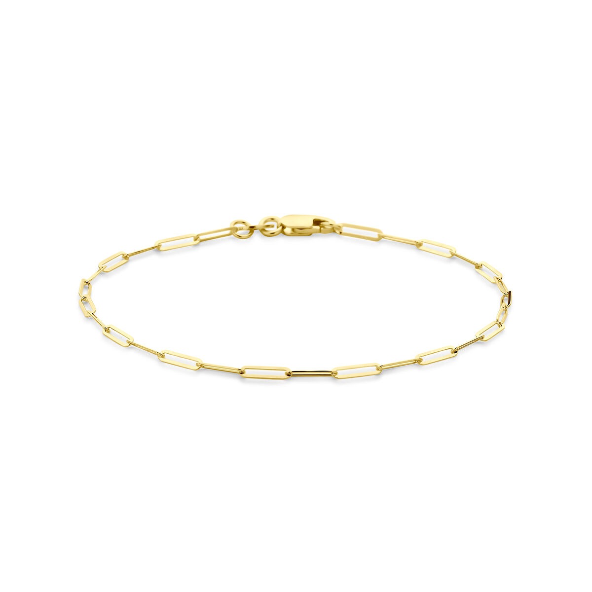 Pulsera de dama de oro de 14k con eslabones tipo paperclip de 1,8 mm y 18 cm.