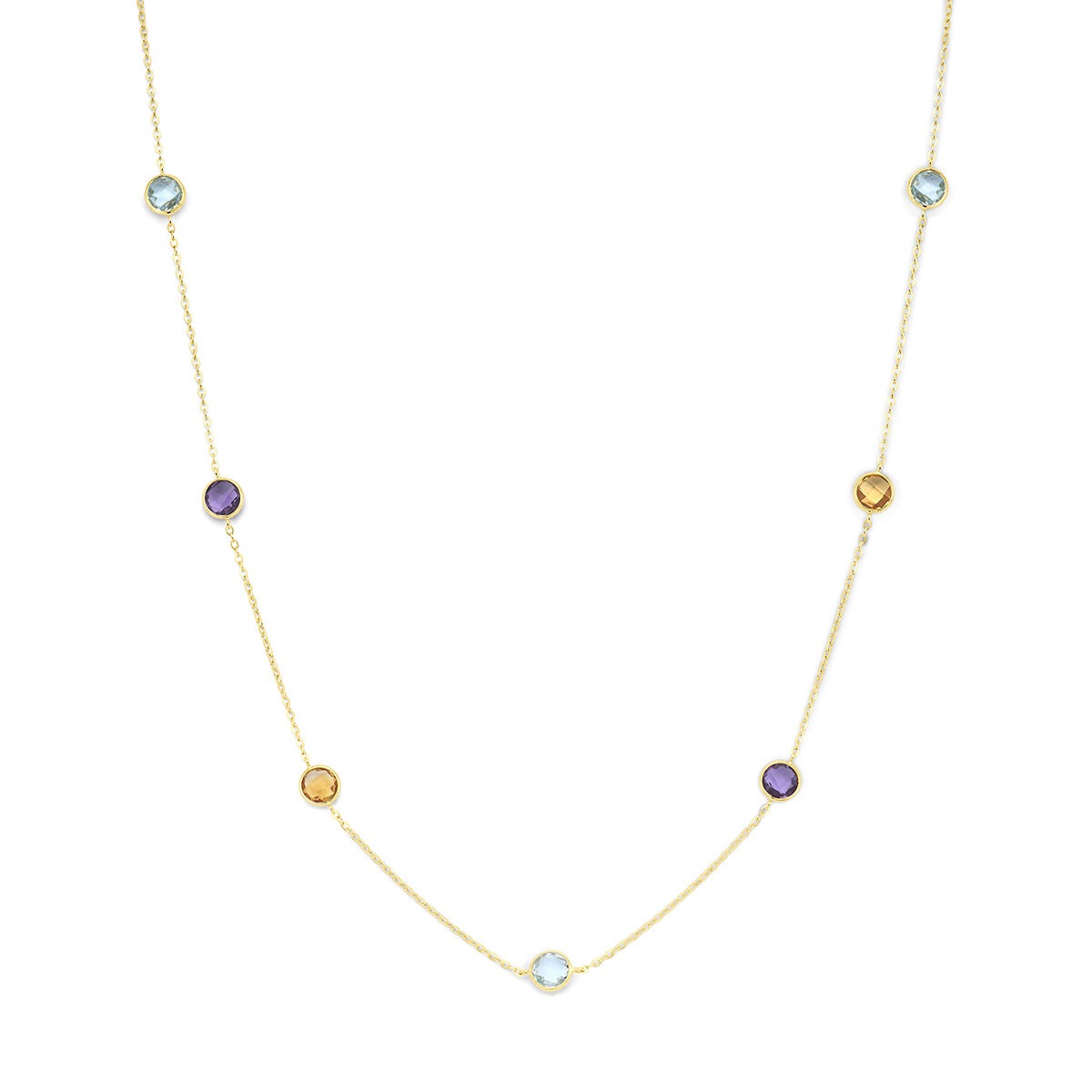 Geelgouden collier met citrien, amethist en topaas, met ronde edelstenen in verschillende kleuren.
