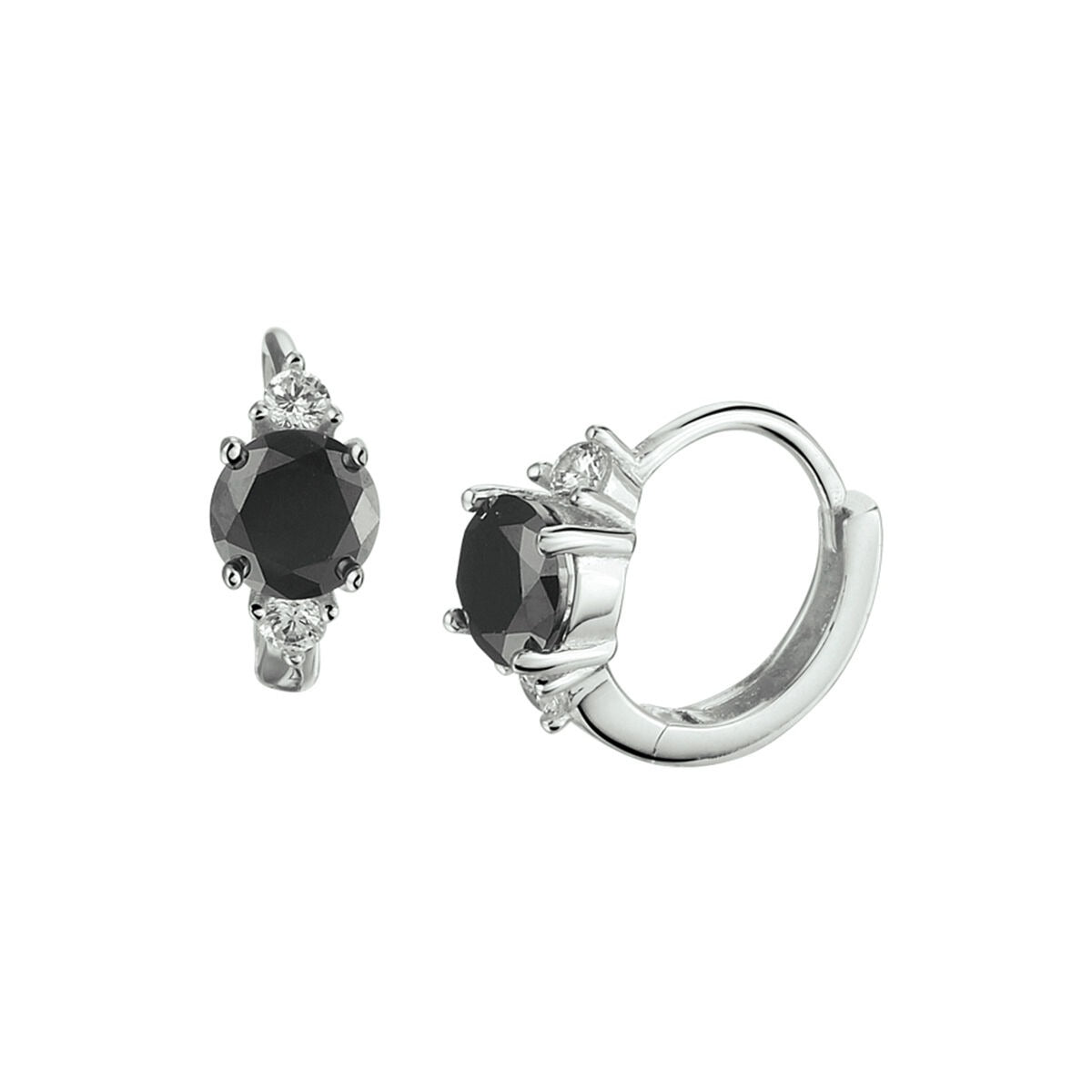 Pendientes de aro plateados con circonitas negras y detalles brillantes, acabado en rodio.