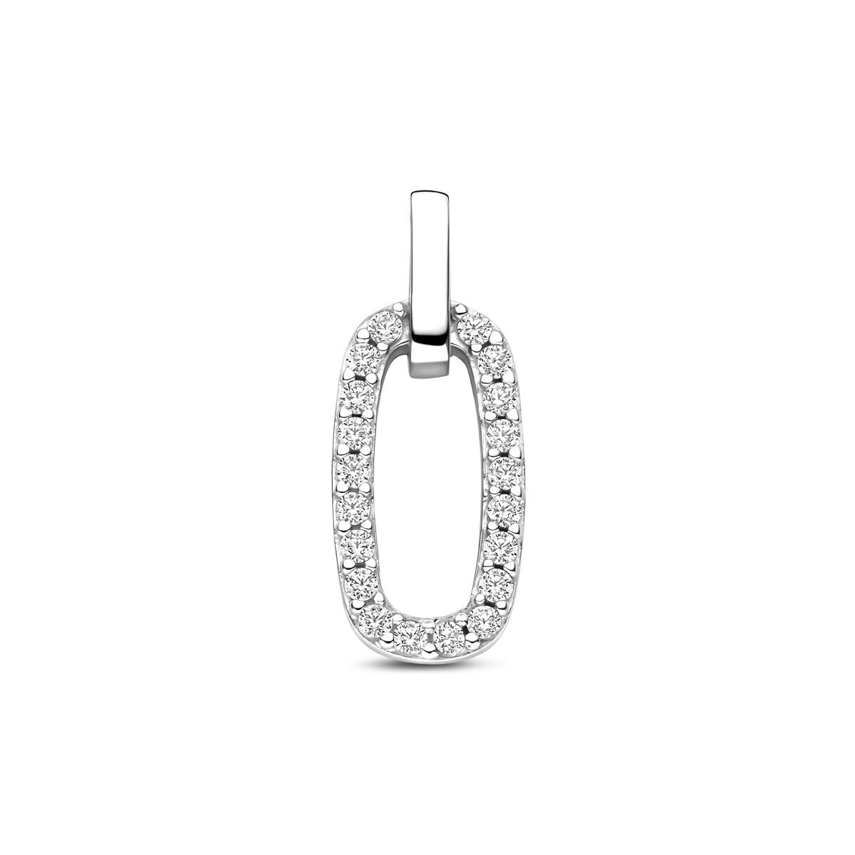 Colgante plateado con zircón en forma ovalada y acabado rodiado.