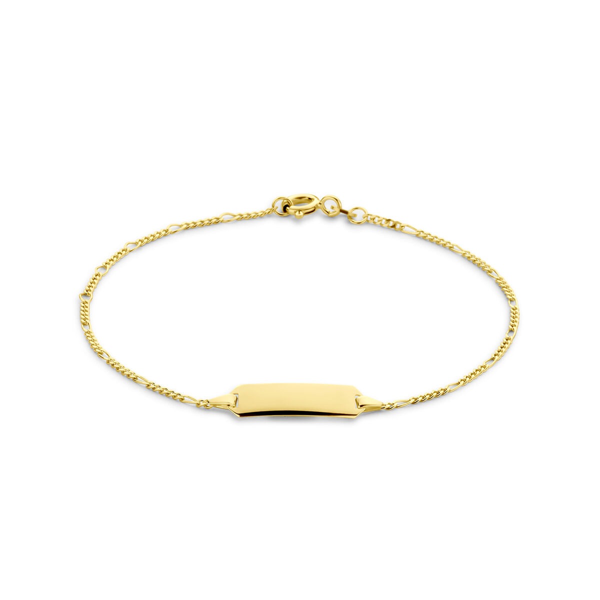 Pulsera de oro amarillo de 14k con eslabones figaro y placa para grabar.