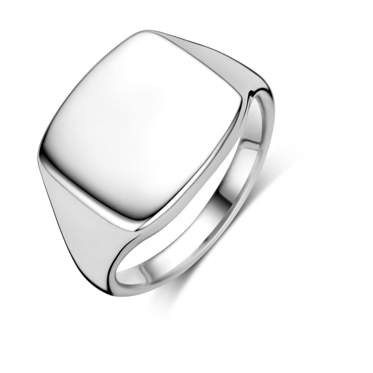 Anillo de plata 925 rodiada con diseño cuadrado y superficie pulida.