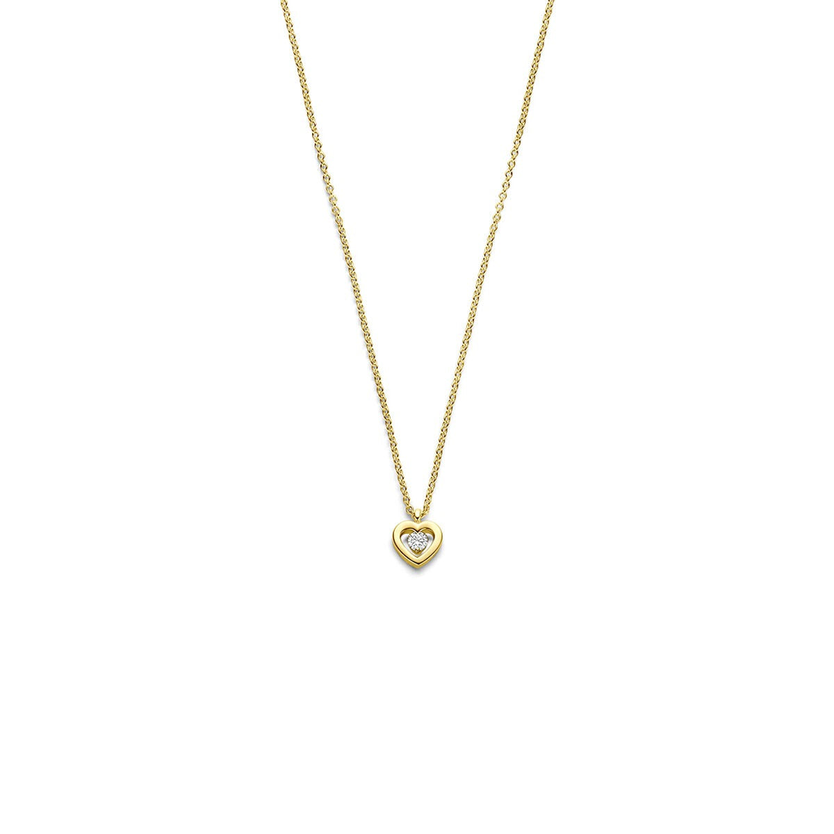 Collar de corazón en oro amarillo de 14k con diamante en el centro.