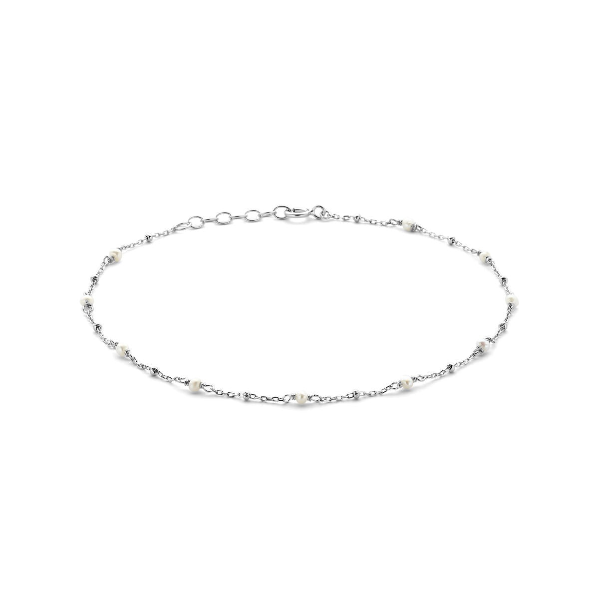 Anillo de tobillo de plata rodiada 925 con perlas blancas, longitud de 24 a 26 cm.