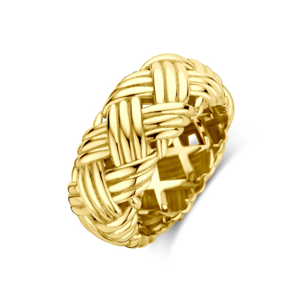 Anillo de dama de 14k, ancho de 10 mm, con diseño trenzado en oro amarillo.