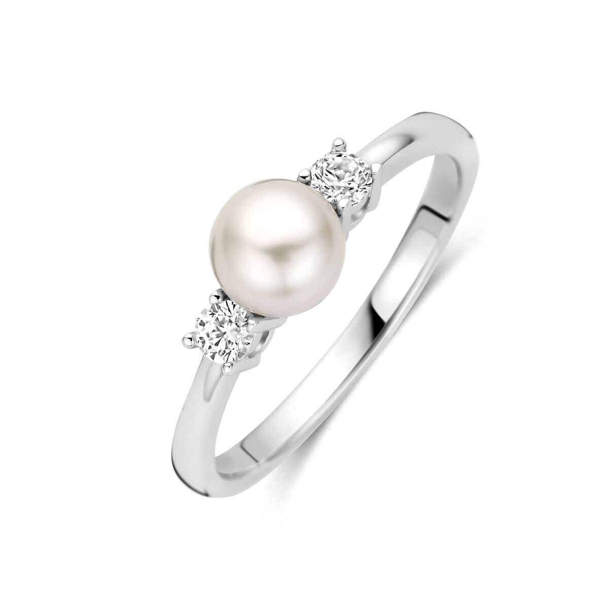 Anillo de plata rodiada 925 con perla y circonitas, diseño delicado y brillante.