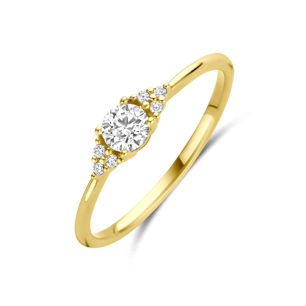 Anillo de dama de oro de 14k con diamante solitario de 0.28ct y pequeños diamantes brillantes.