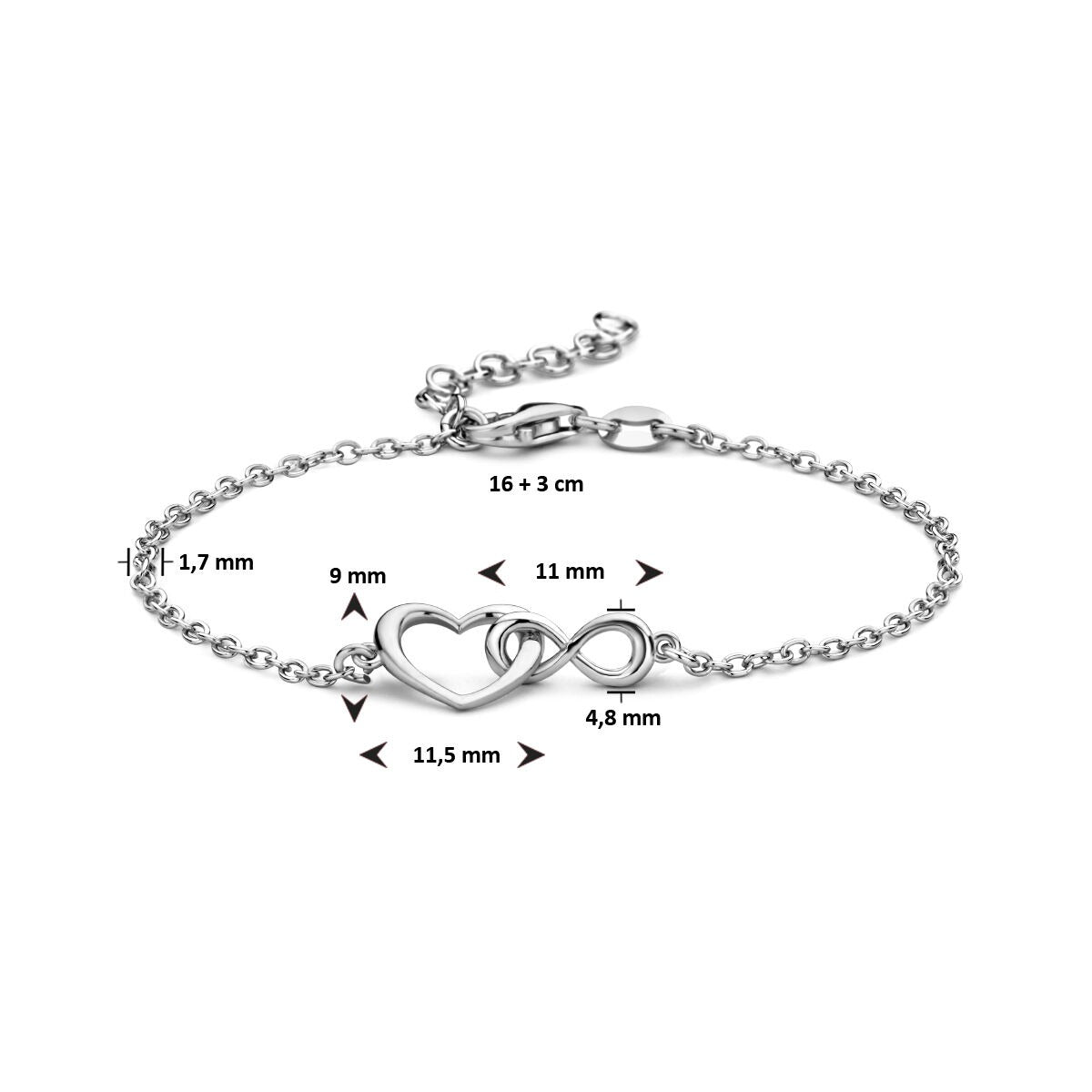 Pulsera de plata 925 rodiada con corazón e infinito