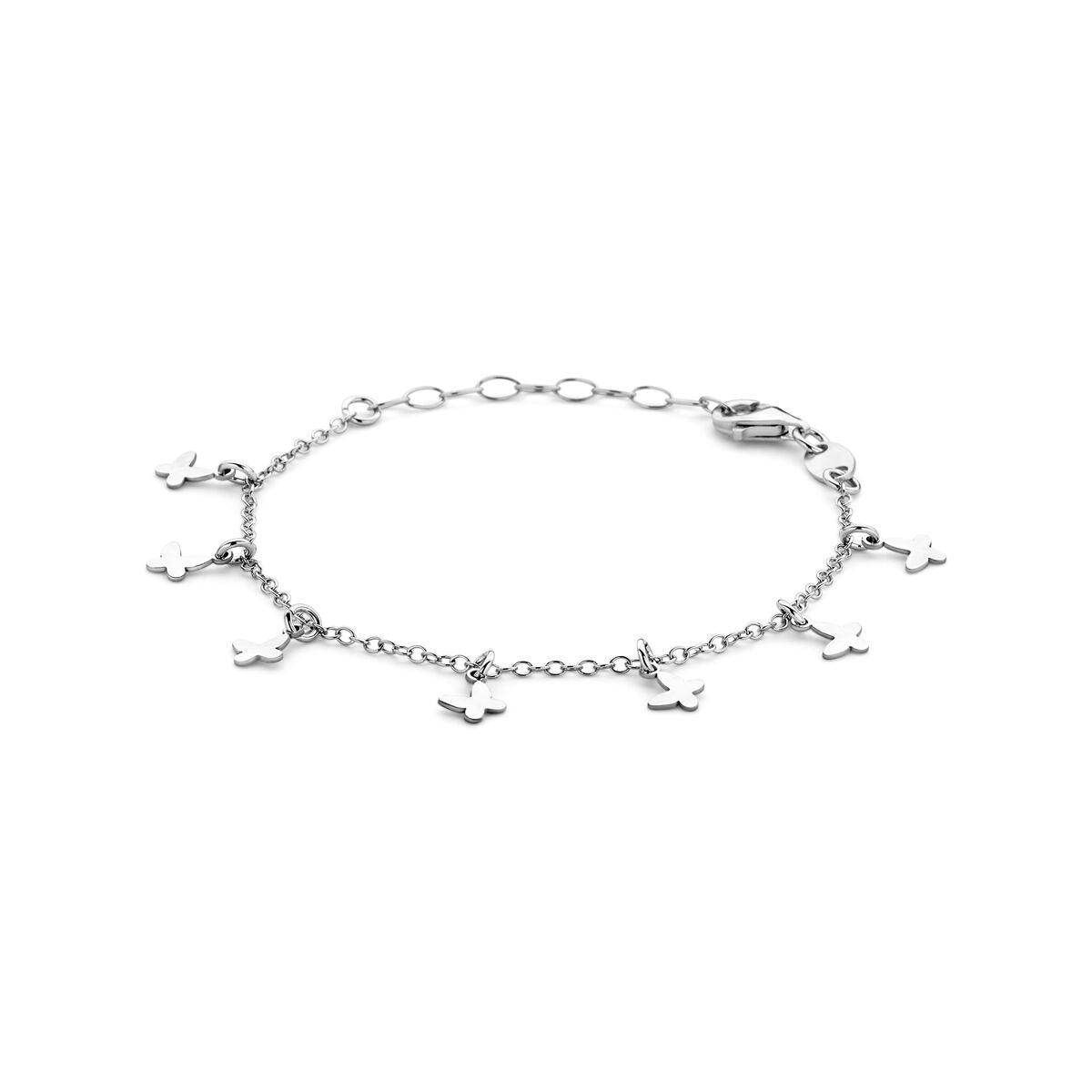 Pulsera infantil de plata rodiada con mariposas decorativas.