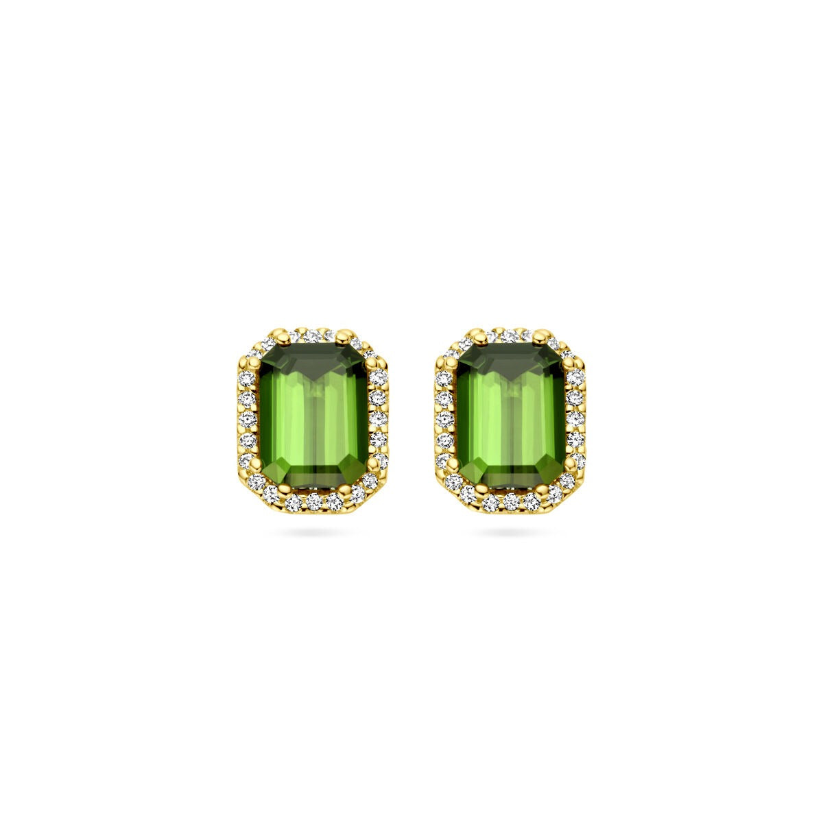 Pendientes de oro amarillo de 14k con turmalina y diamantes, forma rectangular y detalles brillantes.