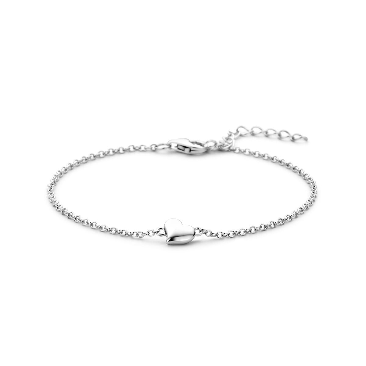 Pulsera de plata rodiada con un corazón en el centro y cadena ajustable.