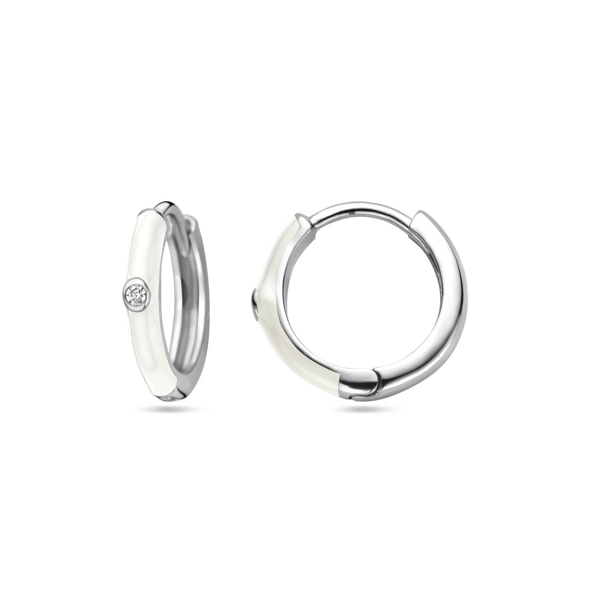 Aros de mujer de plata con circonitas y esmalte blanco - rodiados 15 mm