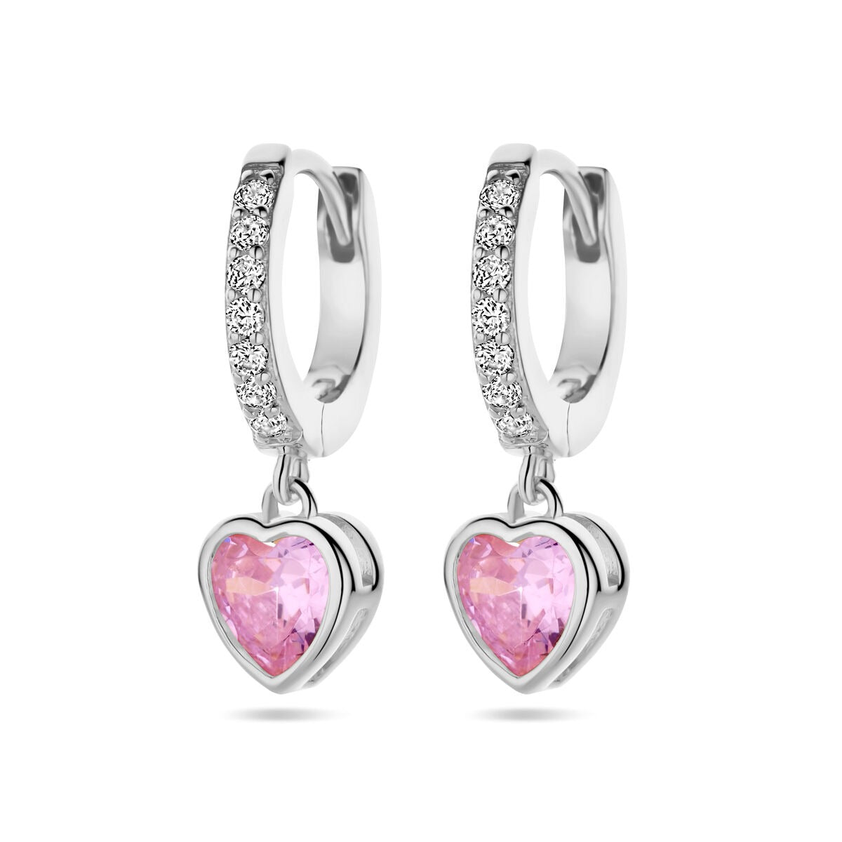 Aros de plata rodiada con circonita rosa en forma de corazón