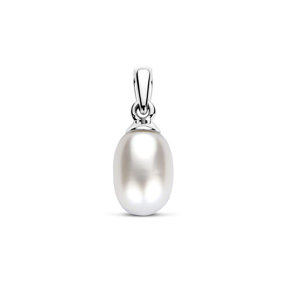 Colgante ovalado de oro blanco de 14k con perla de agua dulce.