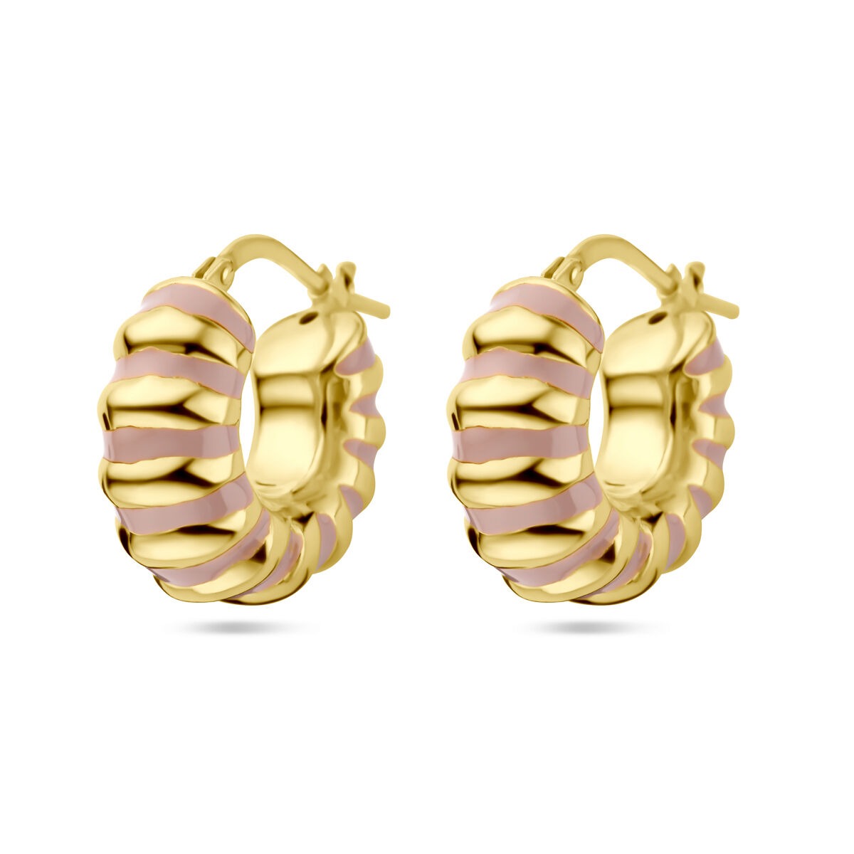 Aros dorados con esmalte rosa y diseño ondulado.