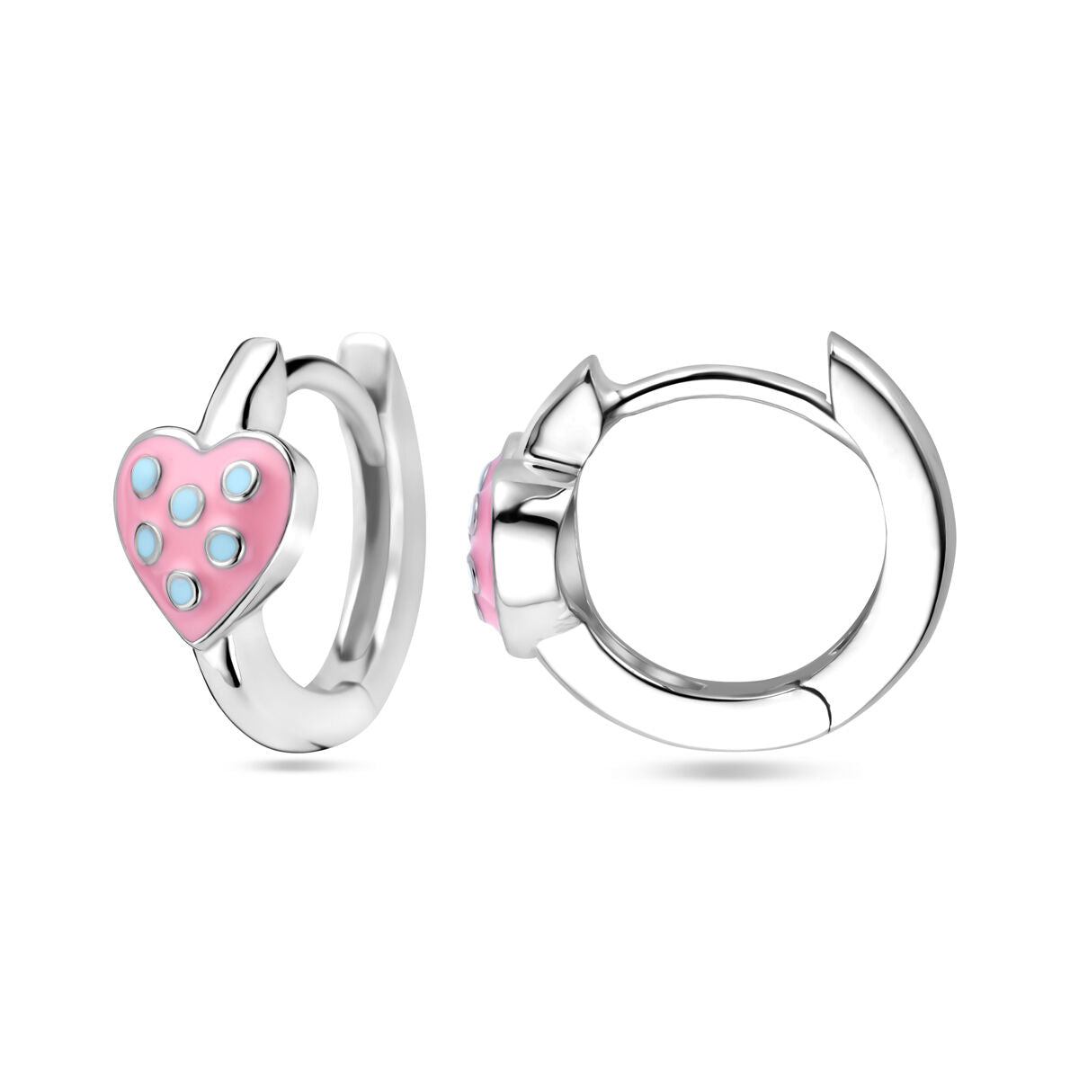 Aros infantiles de plata con corazón de esmalte rosa y turquesa