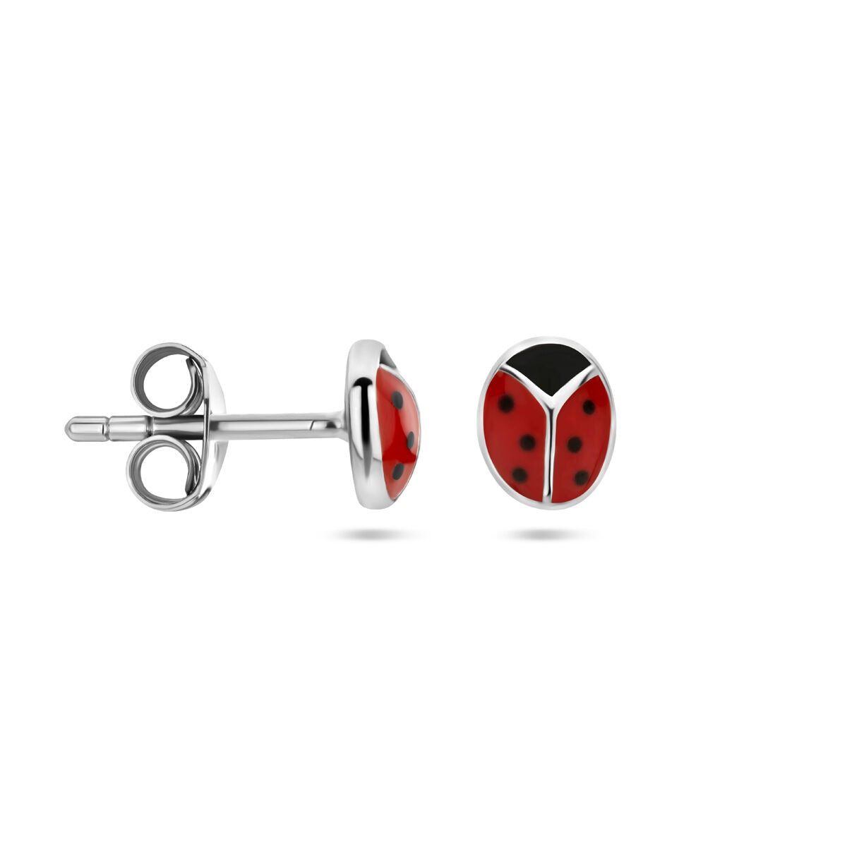 Pendientes infantiles de plata con diseño de mariquita - rodiados con esmalte