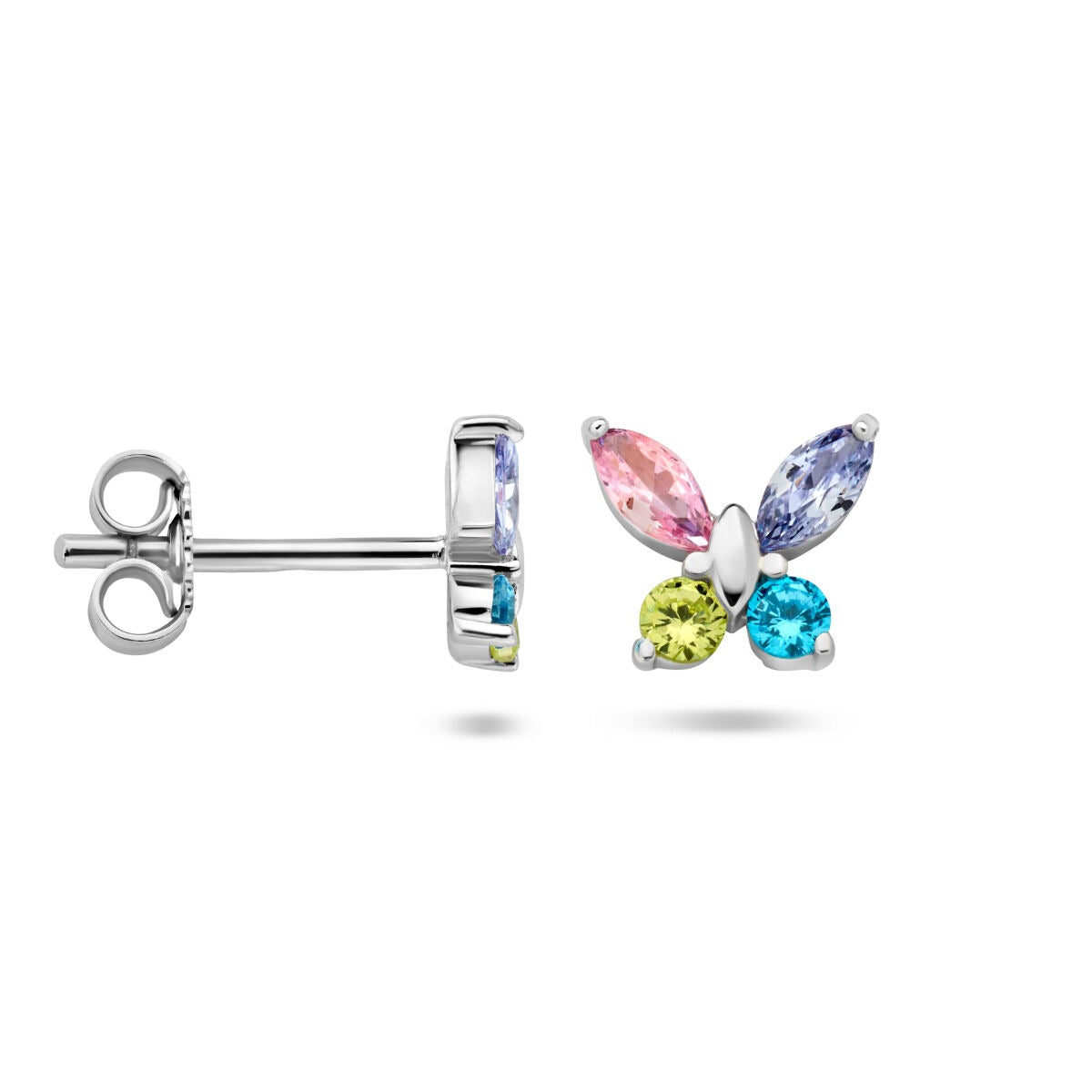 Pendientes de botón de plata con mariposa y circonitas de colores – alegre joya infantil