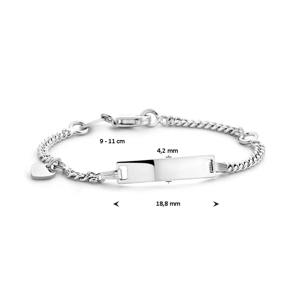 pulsera de grabado en forma de corazón placa 4,2 mm plata rodiada