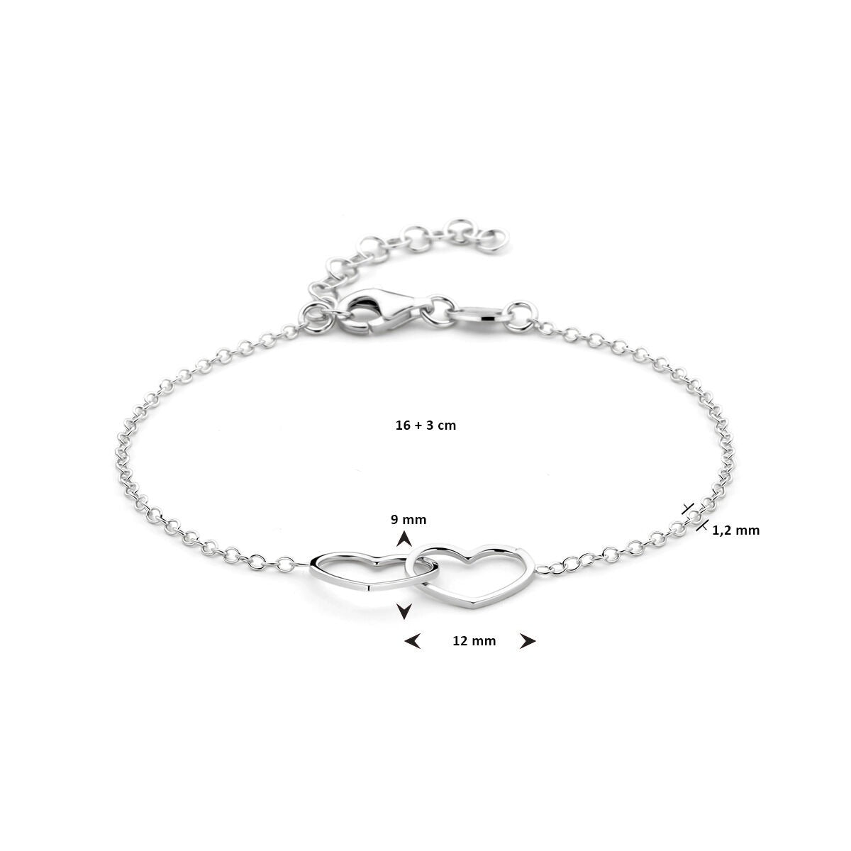 Pulsera de plata con corazones dobles – rodiada