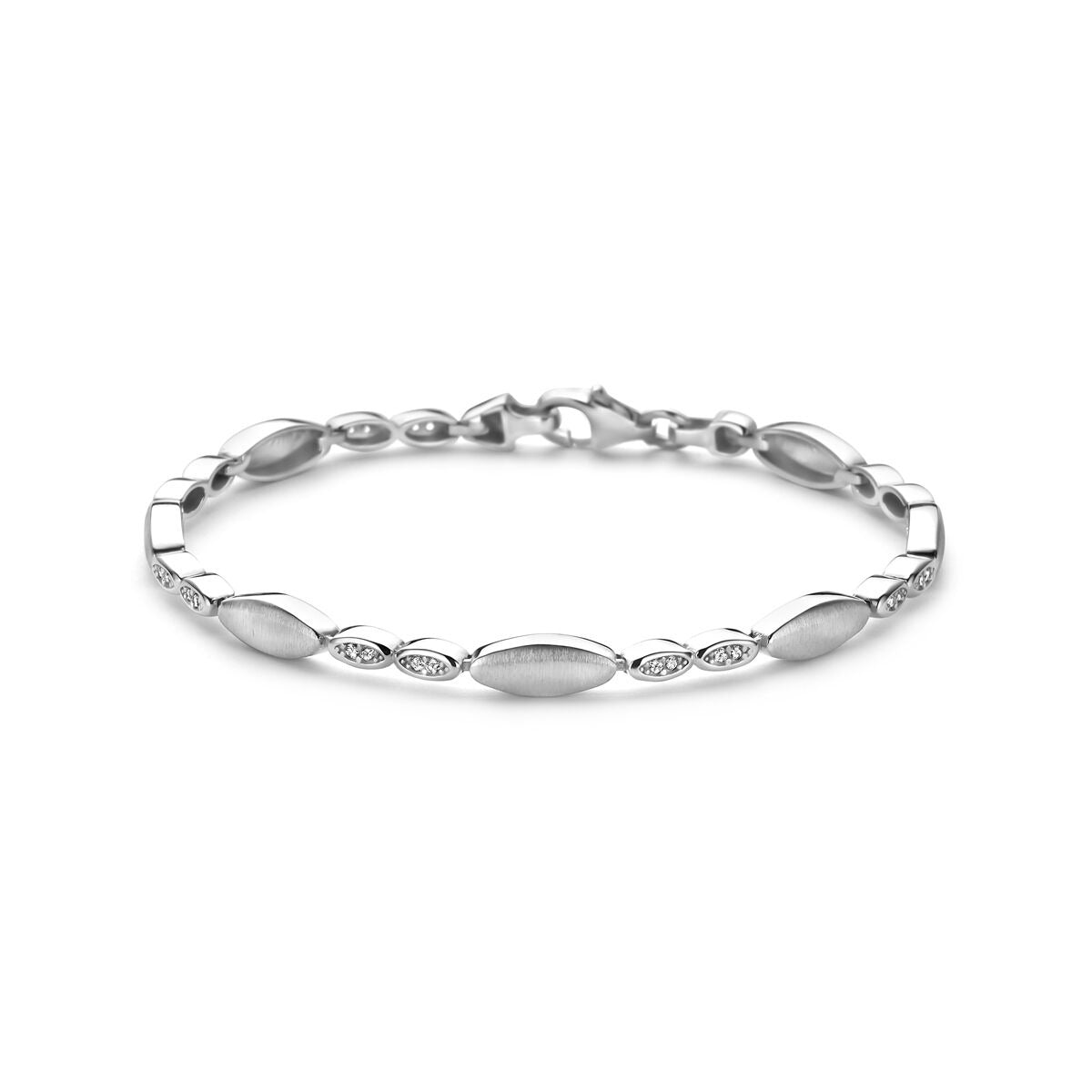 Zilveren dames armband met gerhodineerde schakels en zirkonia, 4,7 mm breed en 19 cm lang.