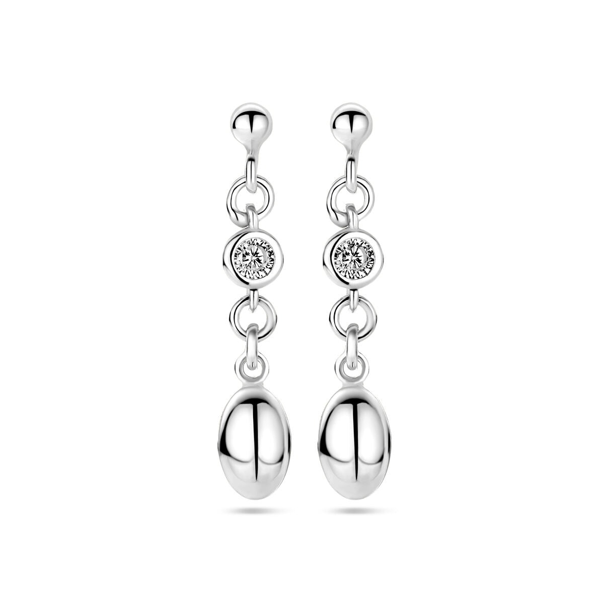 Pendientes largos de plata con circonitas, acabado en rodio, con forma ovalada y detalles brillantes.