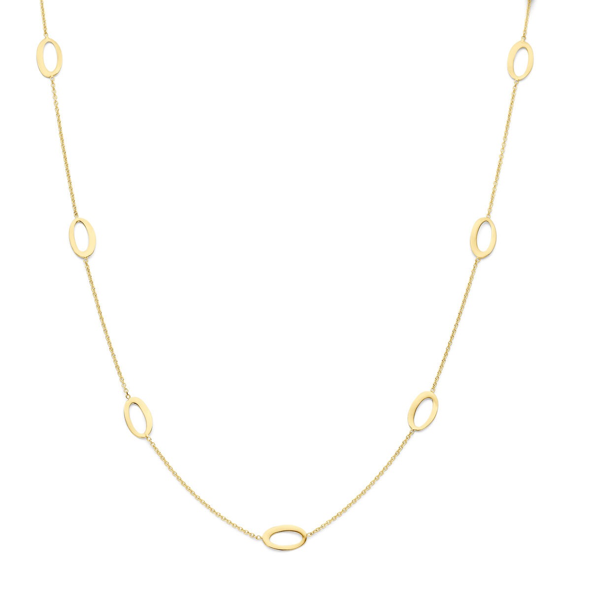 Collar de oro amarillo de 14k con elementos ovalados en un diseño delicado.