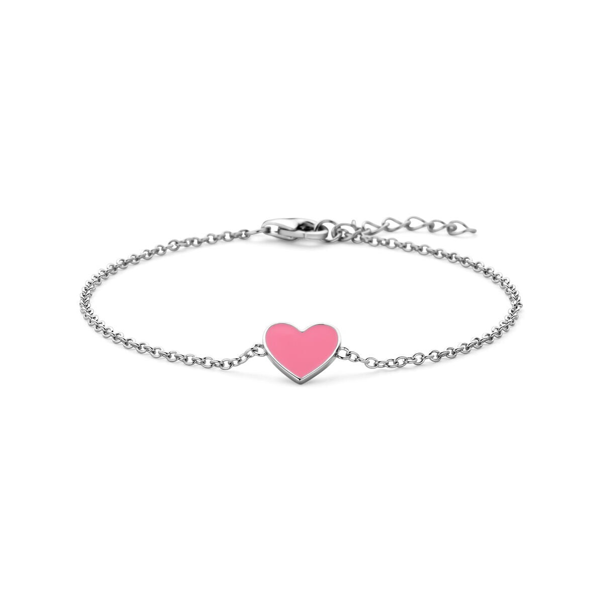 Pulsera de plata con corazón y esmalte rosa, hecha de plata 925 rodiada.
