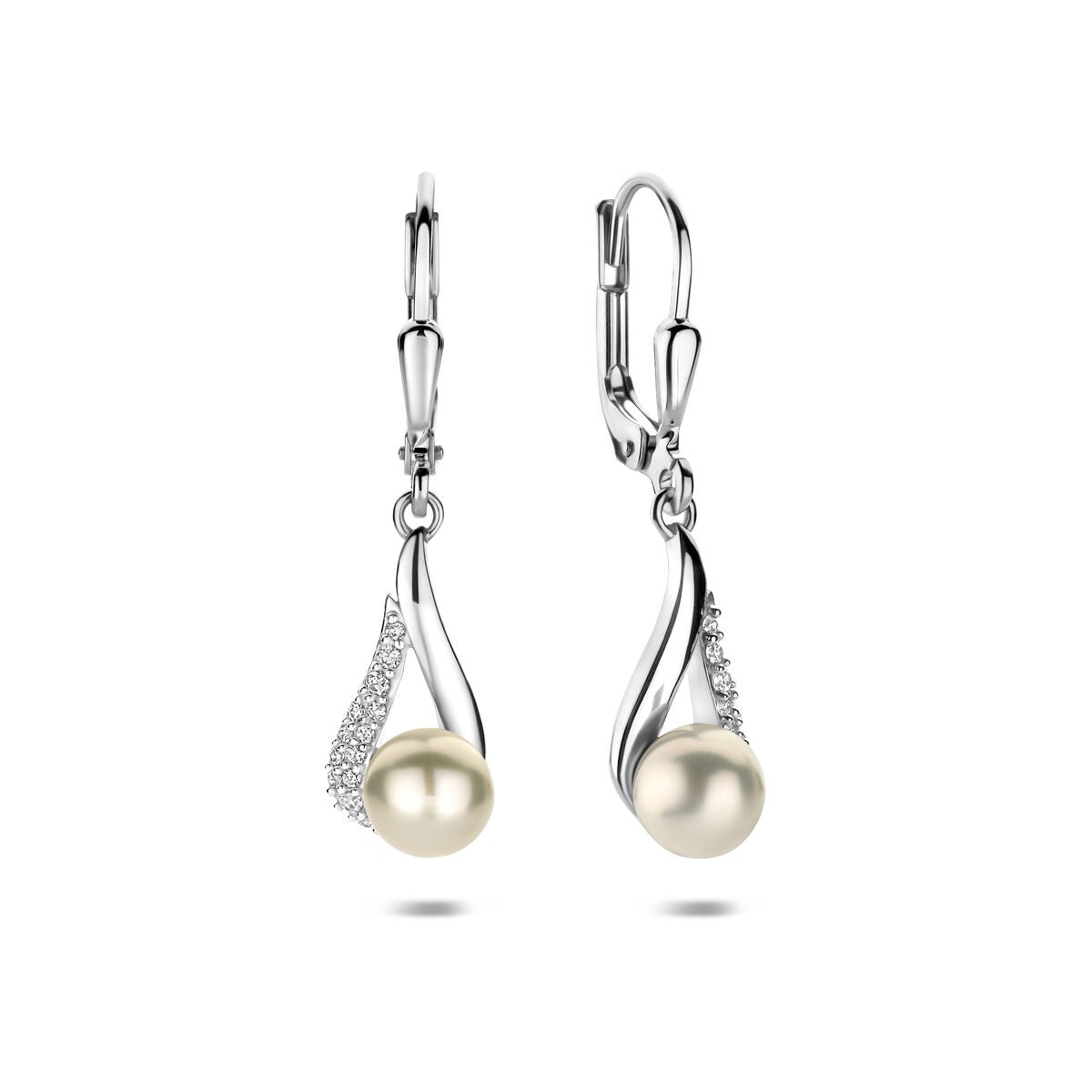 Pendientes de plata con perla y circonita – plata 925 rodiada 30 mm