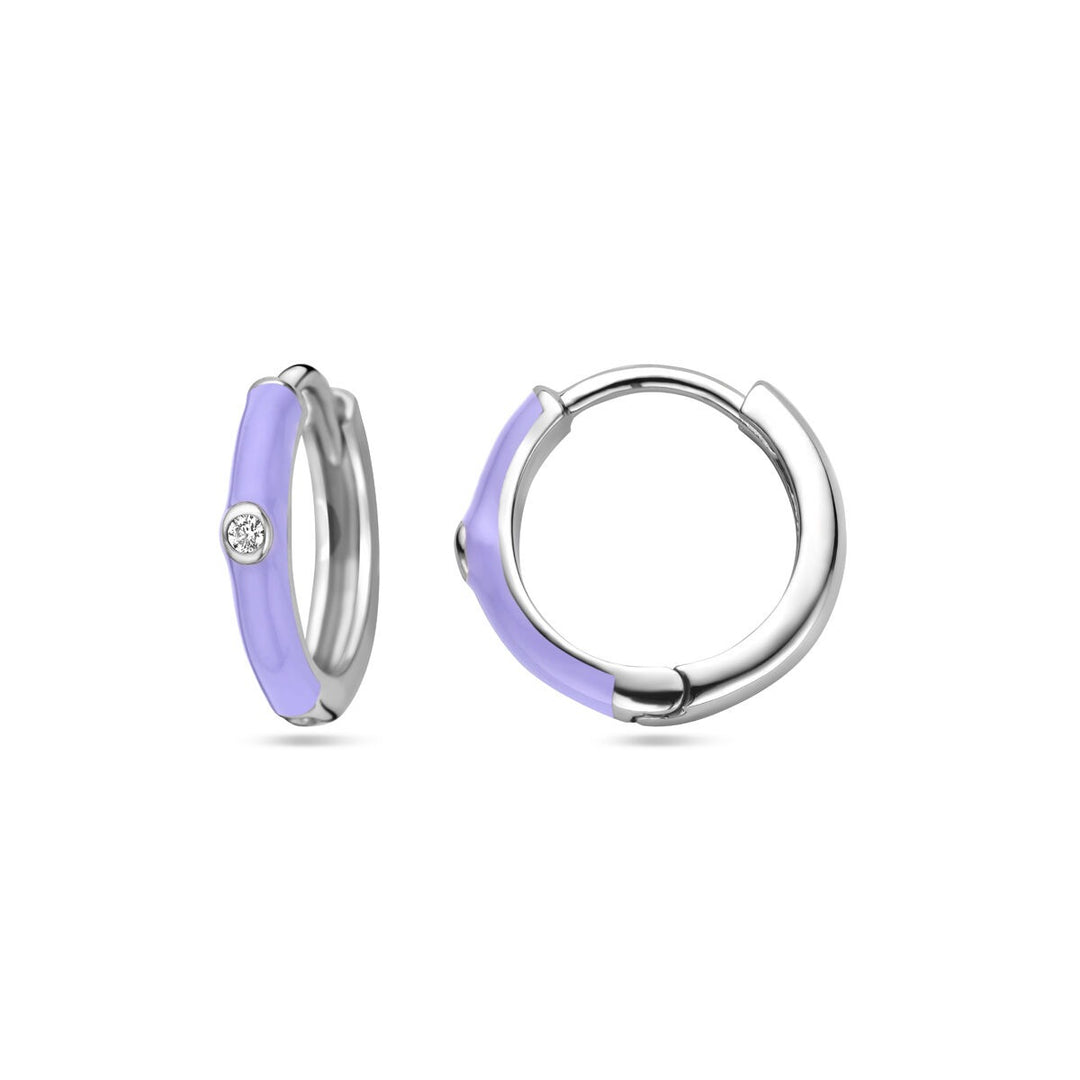 Zilveren dames klapoorringen met zirkonia en paars emaille – gerhodineerd 15 mm