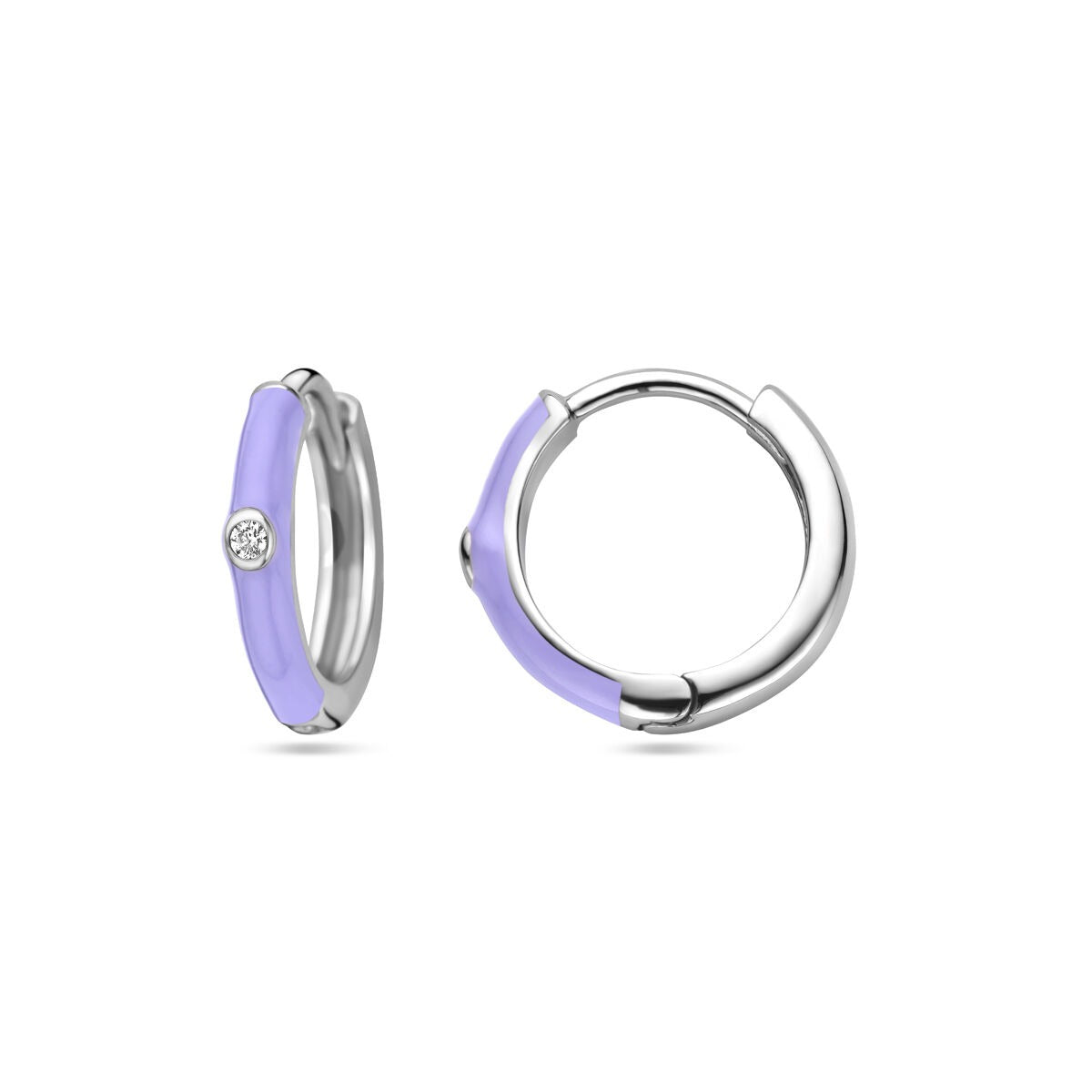 Aros de mujer de plata con circonitas y esmalte morado – rodiados 15 mm