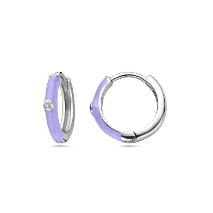 Zilveren dames klapoorringen met zirkonia en paars emaille – gerhodineerd 15 mm