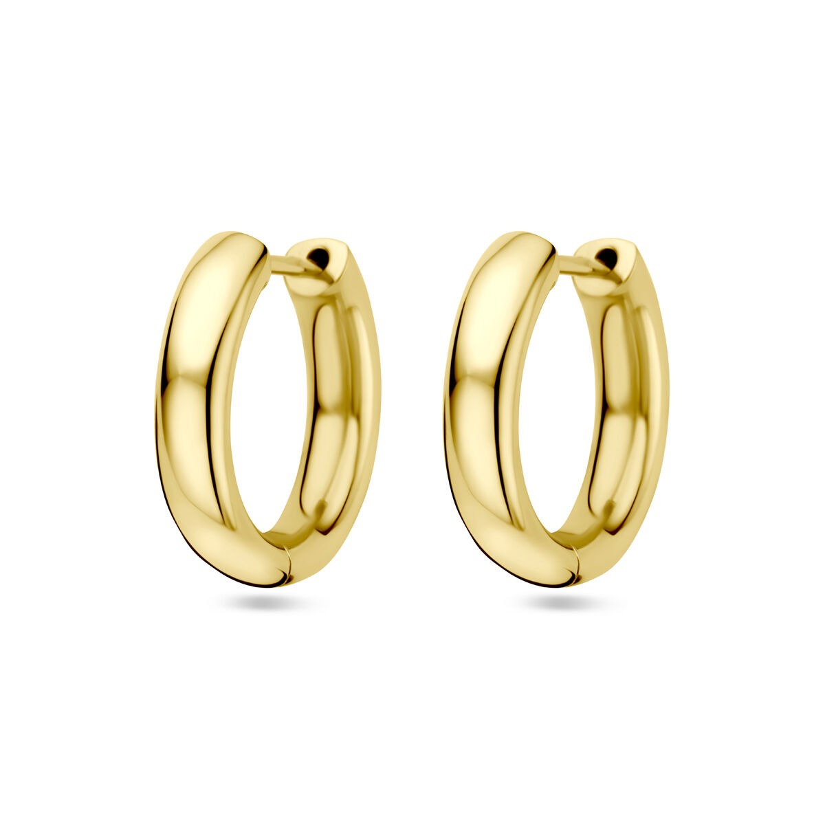 Pendientes de aro dorados de 14k, con un diámetro de 19 mm y un acabado brillante.