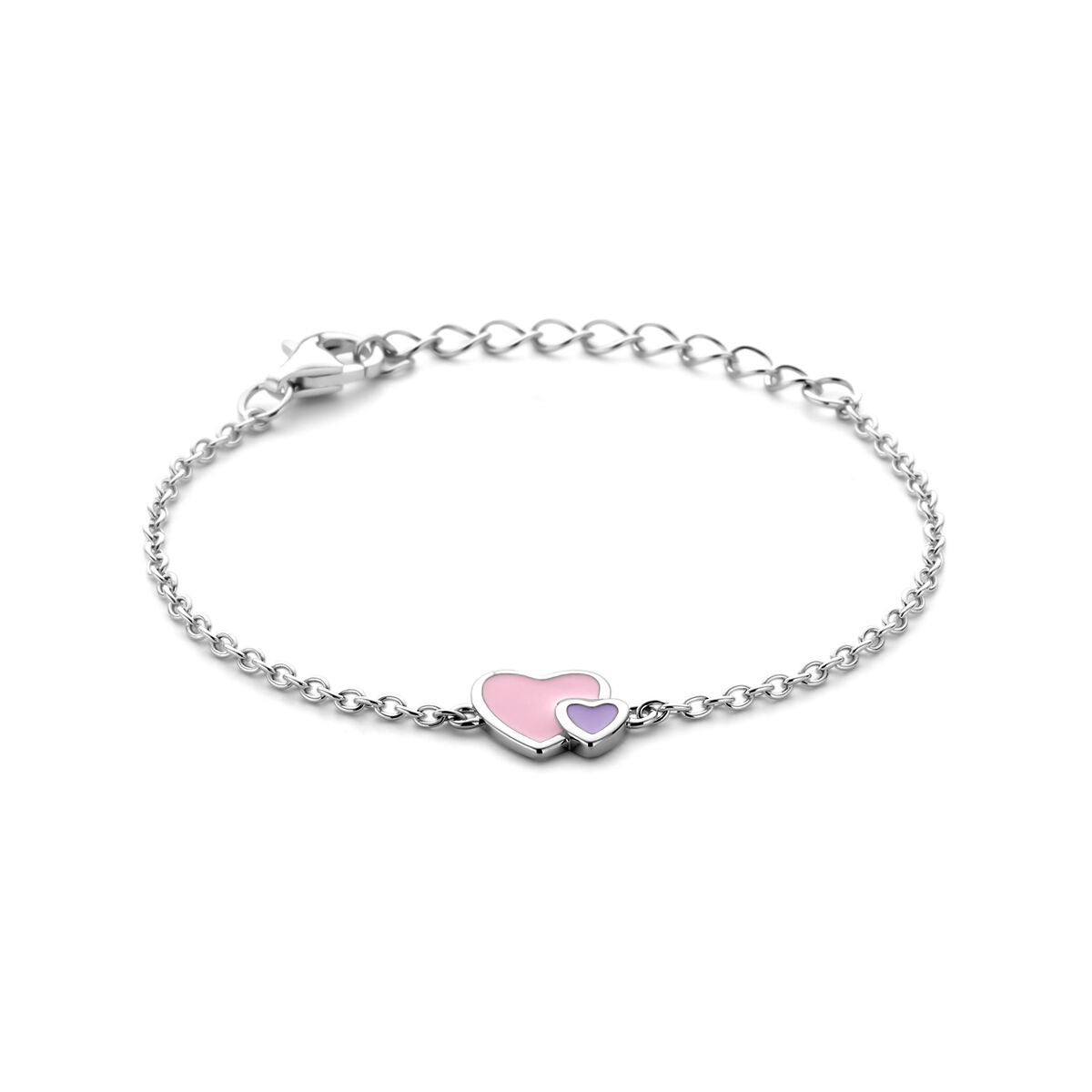 Pulsera infantil de plata rodiada con corazones en tonos rosa y lila.
