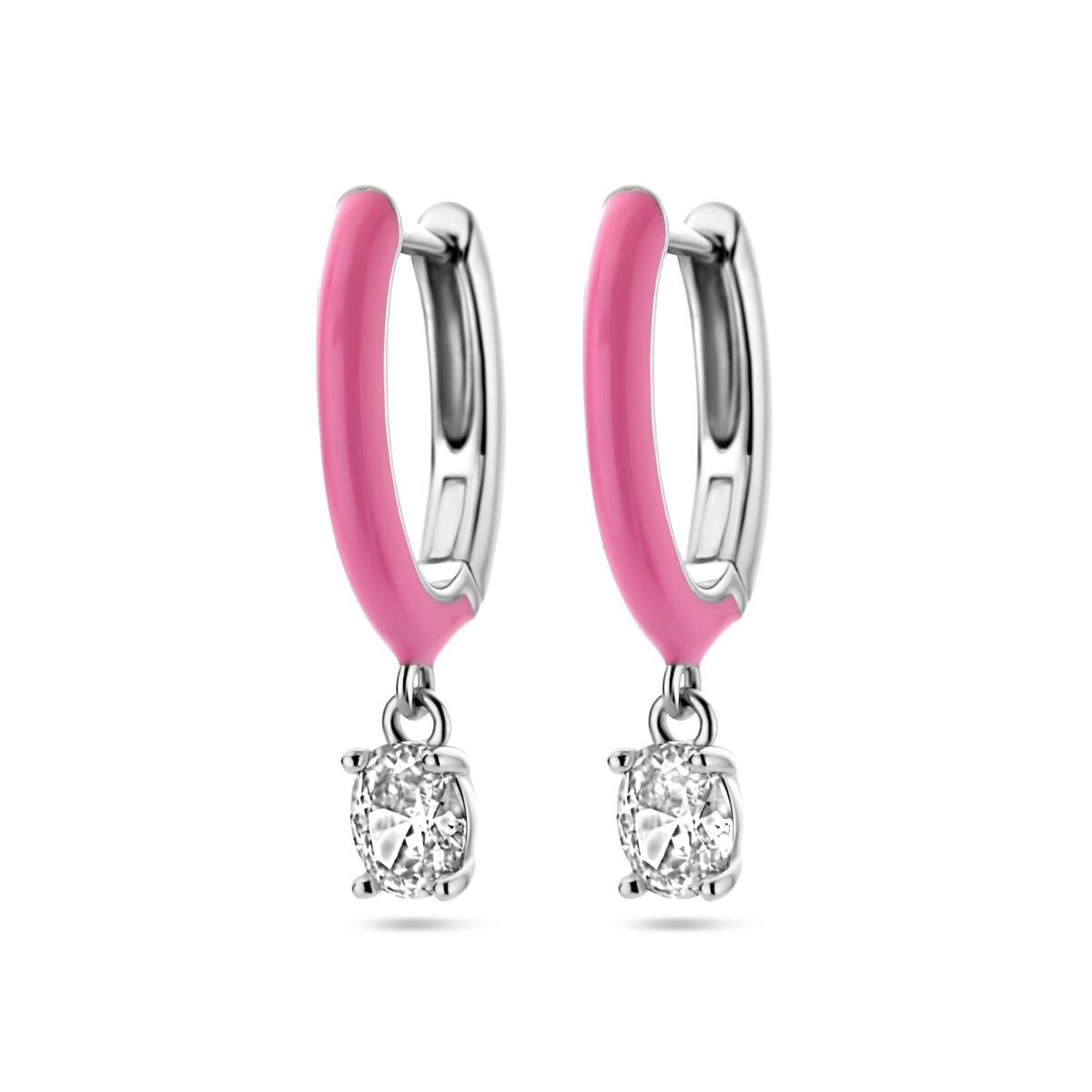 Pendientes de aro de plata con esmalte rosa y zirconia, acabado en plata de ley 925.