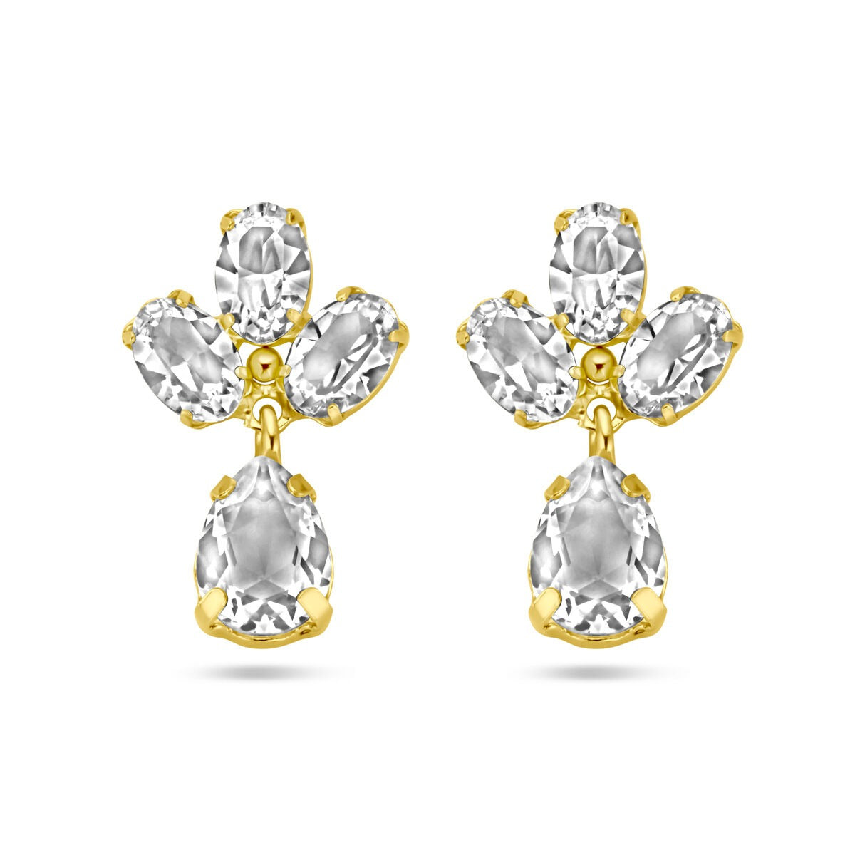 Pendientes largos de plata 925 bañados en oro amarillo con cristales Swarovski en forma de gota y ovalados.