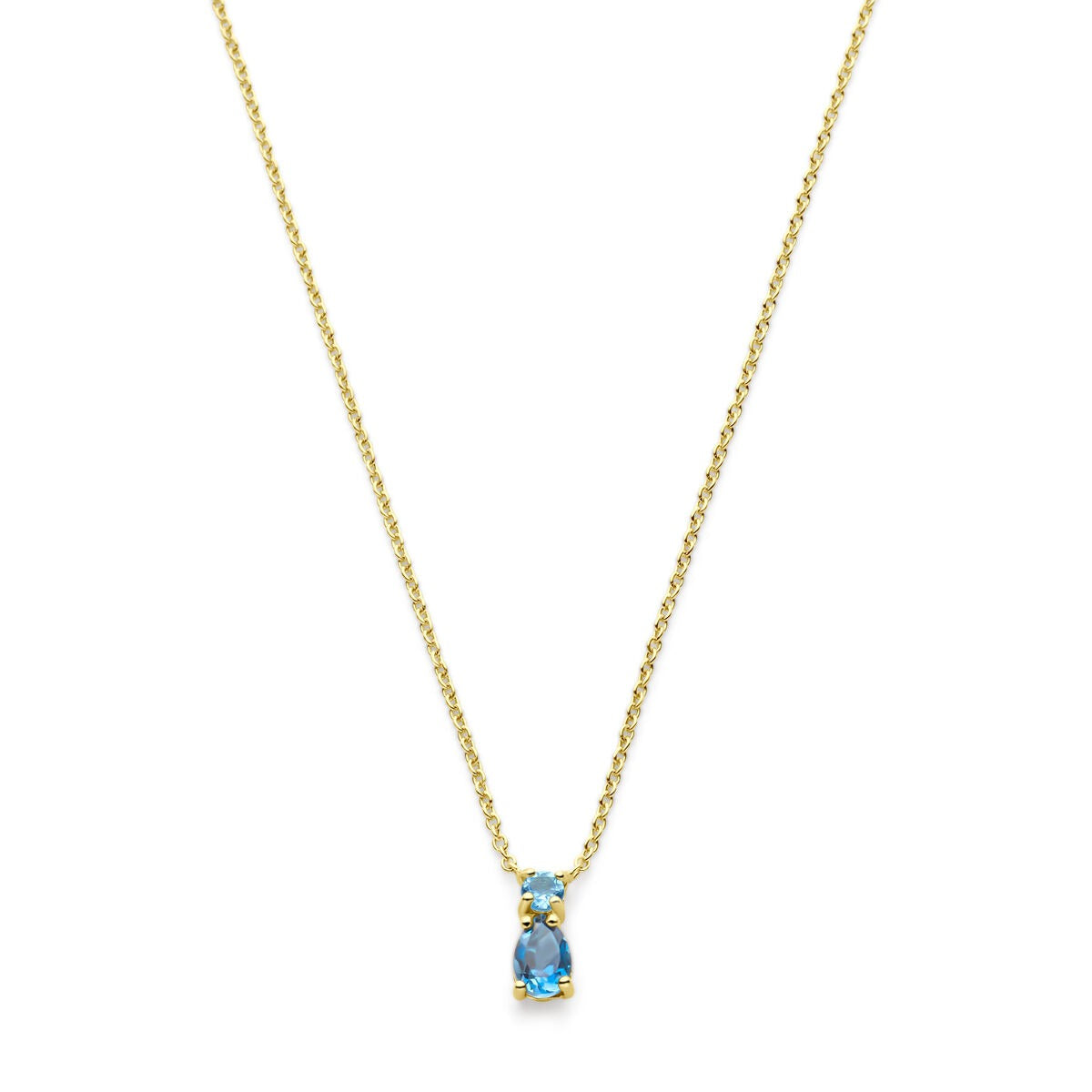 Collar de oro amarillo de 14k con topacios azul cielo y azul Londres en forma de gota.
