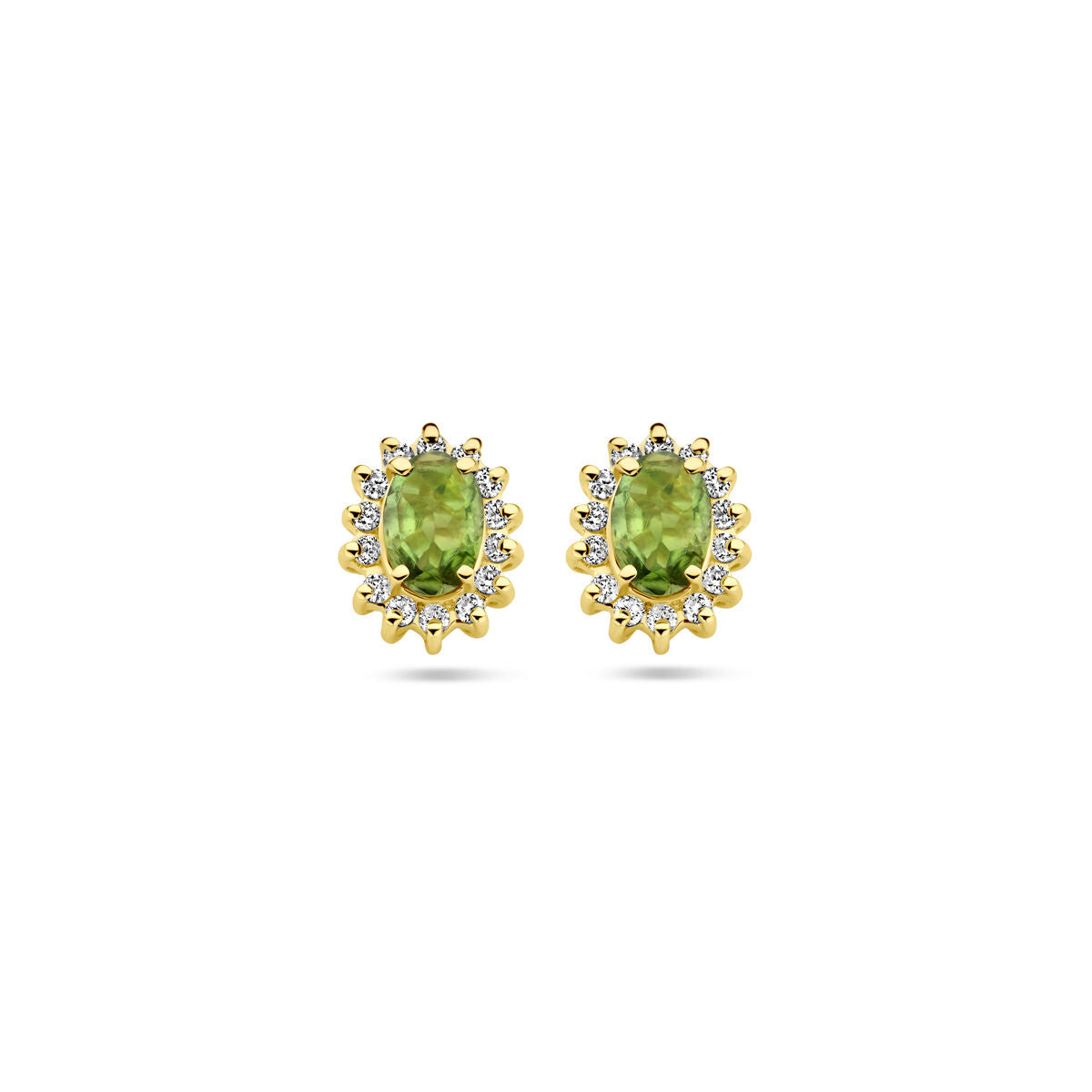 Pendientes de oro amarillo de 14k con turmalina verde y diamantes.