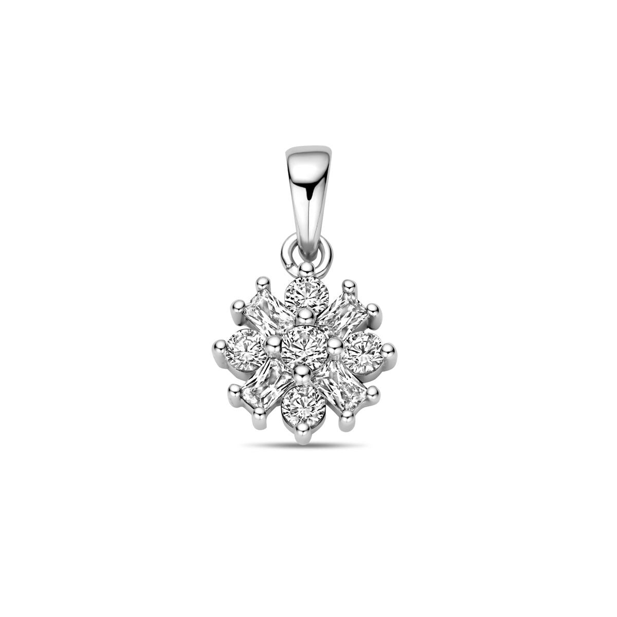 Colgante de plata con circonitas en forma de flor, acabado en rodio.
