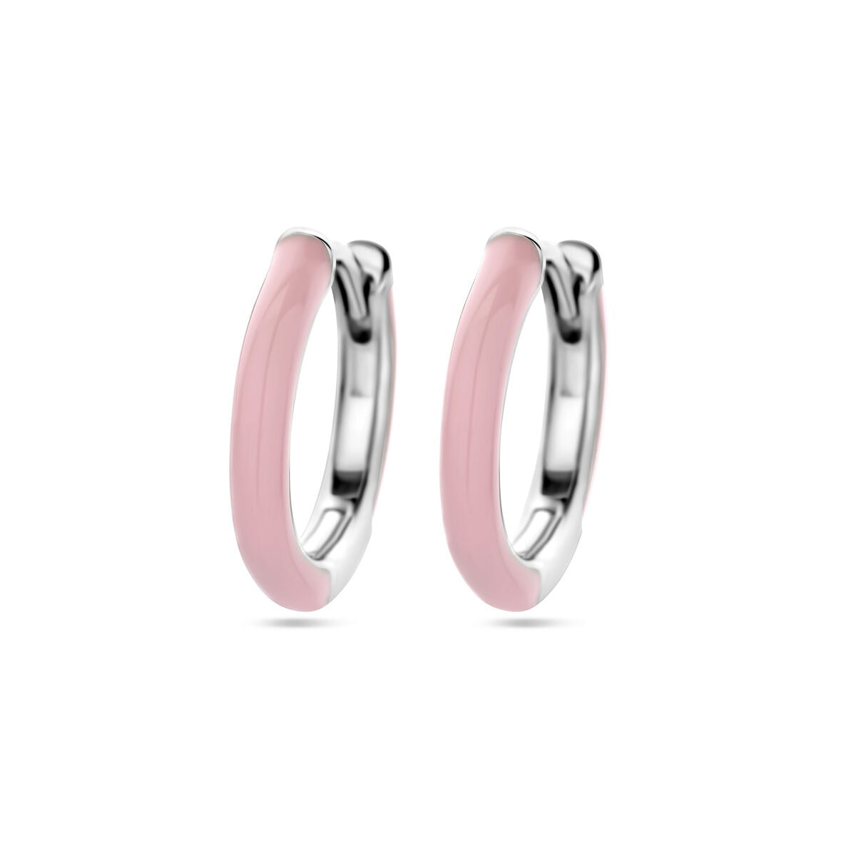 Pendientes de aro de plata rodiada con esmalte rosa.