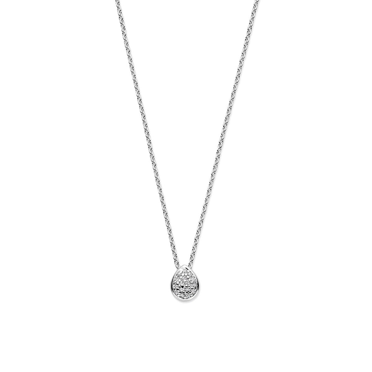 Collar de plata con colgante en forma de gota de circonita, acabado rodiado, longitud ajustable de 41 a 45 cm.