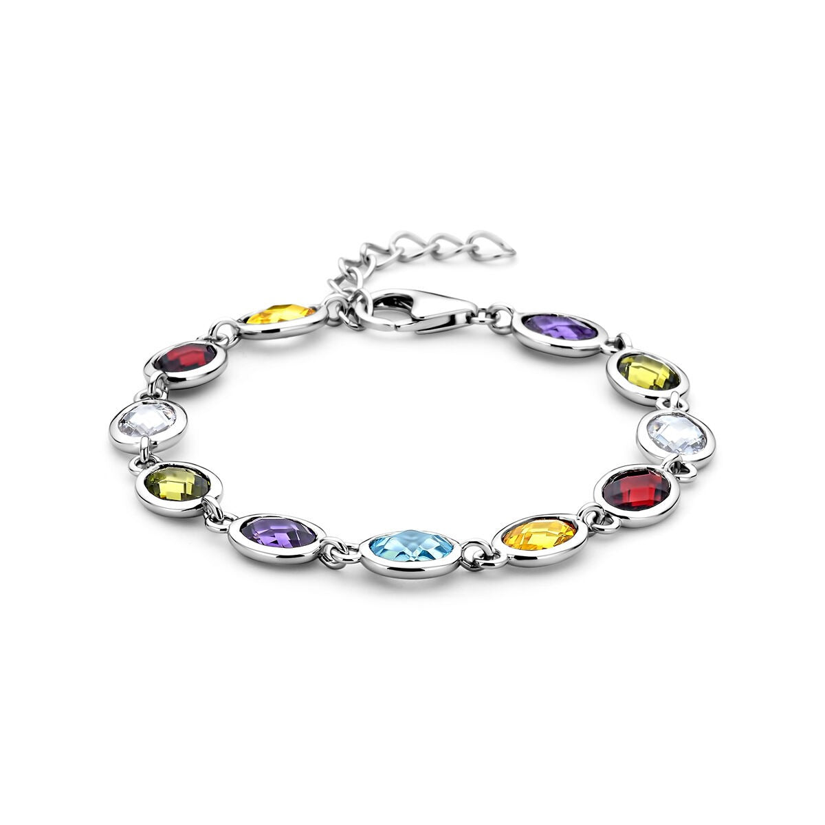 Pulsera de plata rodiada con zirconias de colores en forma ovalada.