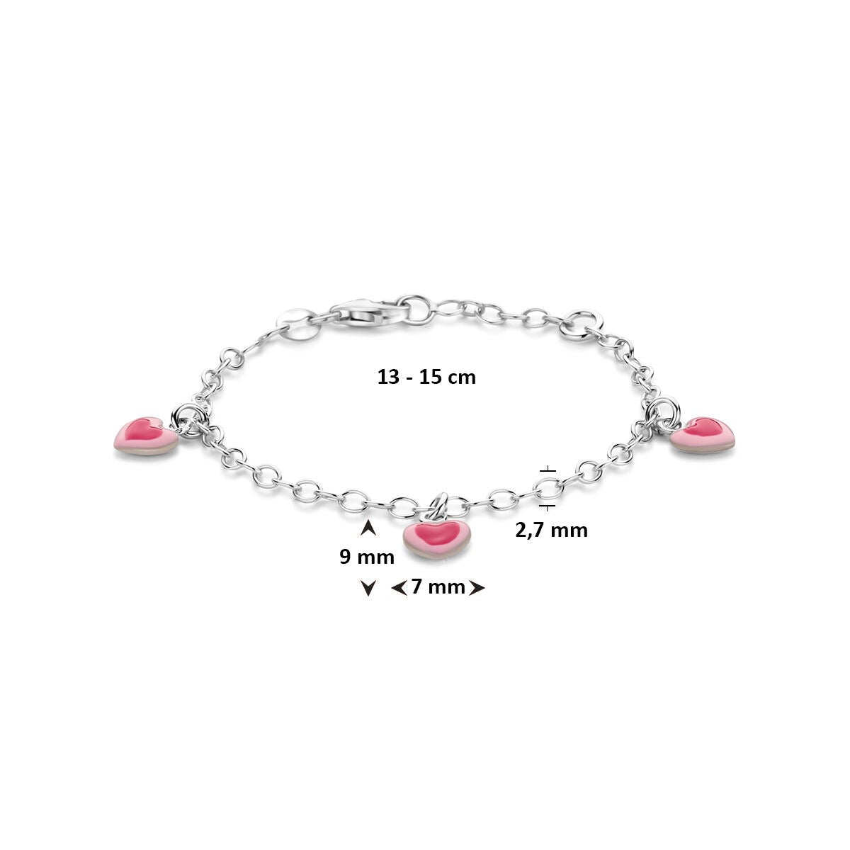 Pulsera infantil de plata con corazones – rodiada y esmaltada