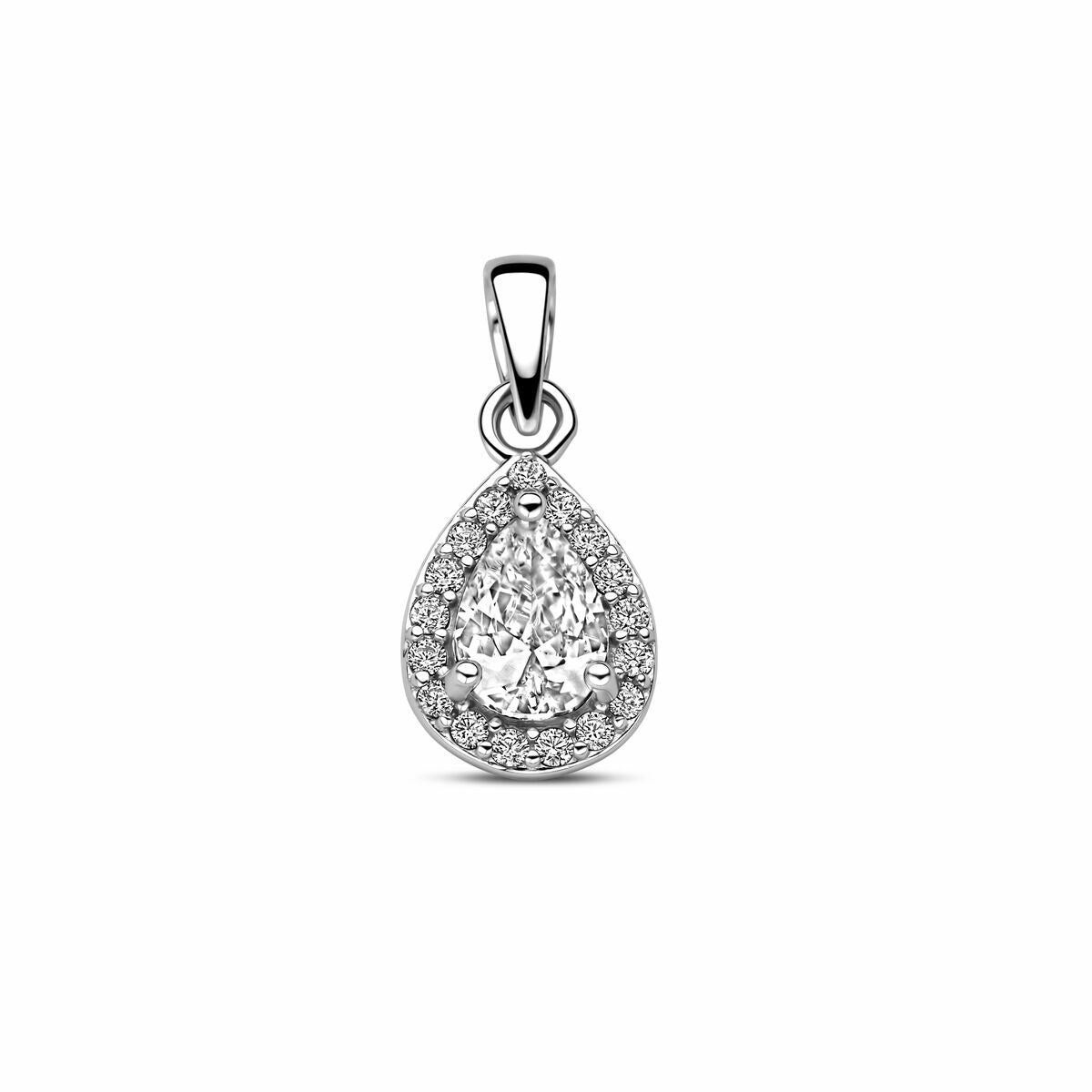 Colgante de plata rodiada con zirconias en engaste de entorno en forma de gota.